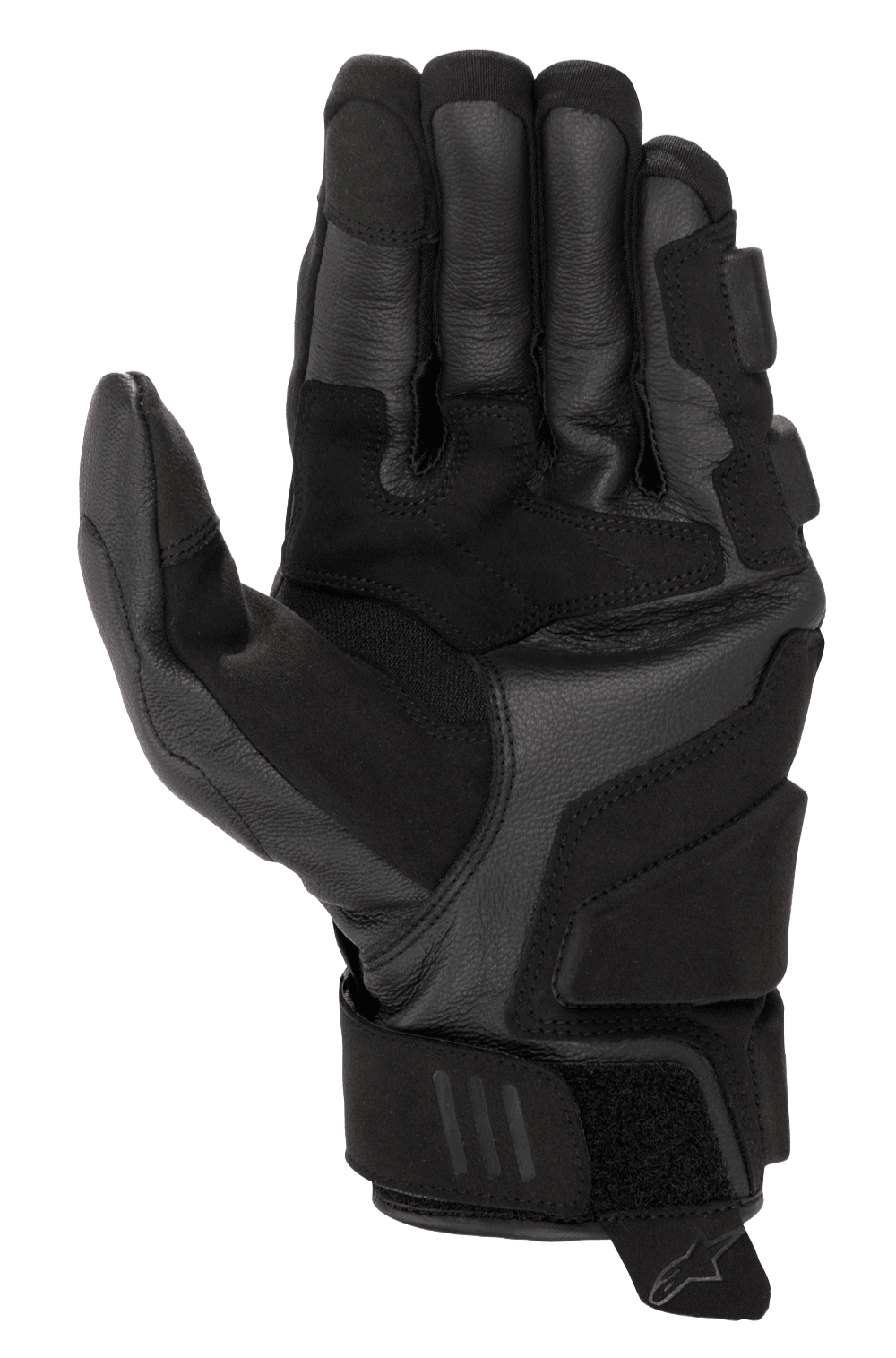 Alpinestars Phenom Leather Gloves, guanti da moto, nero, vista del palmo e laterale che mostra la costruzione in pregiata pelle di capra, zone rinforzate sul lato della mano e di atterraggio, polsino corto con chiusura a strappo, punte delle dita compatibili con touchscreen, abbigliamento sportivo per moto