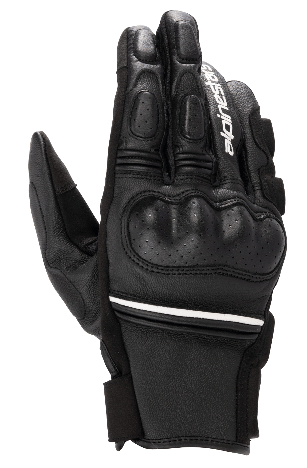 Guanti in pelle Alpinestars Phenom, nero e bianco, guanti da moto a polsino corto con protezione rigida sulle nocche, dettagli in pelle traforata, marchio Alpinestars bianco sull'indice e striscia bianca sul polso