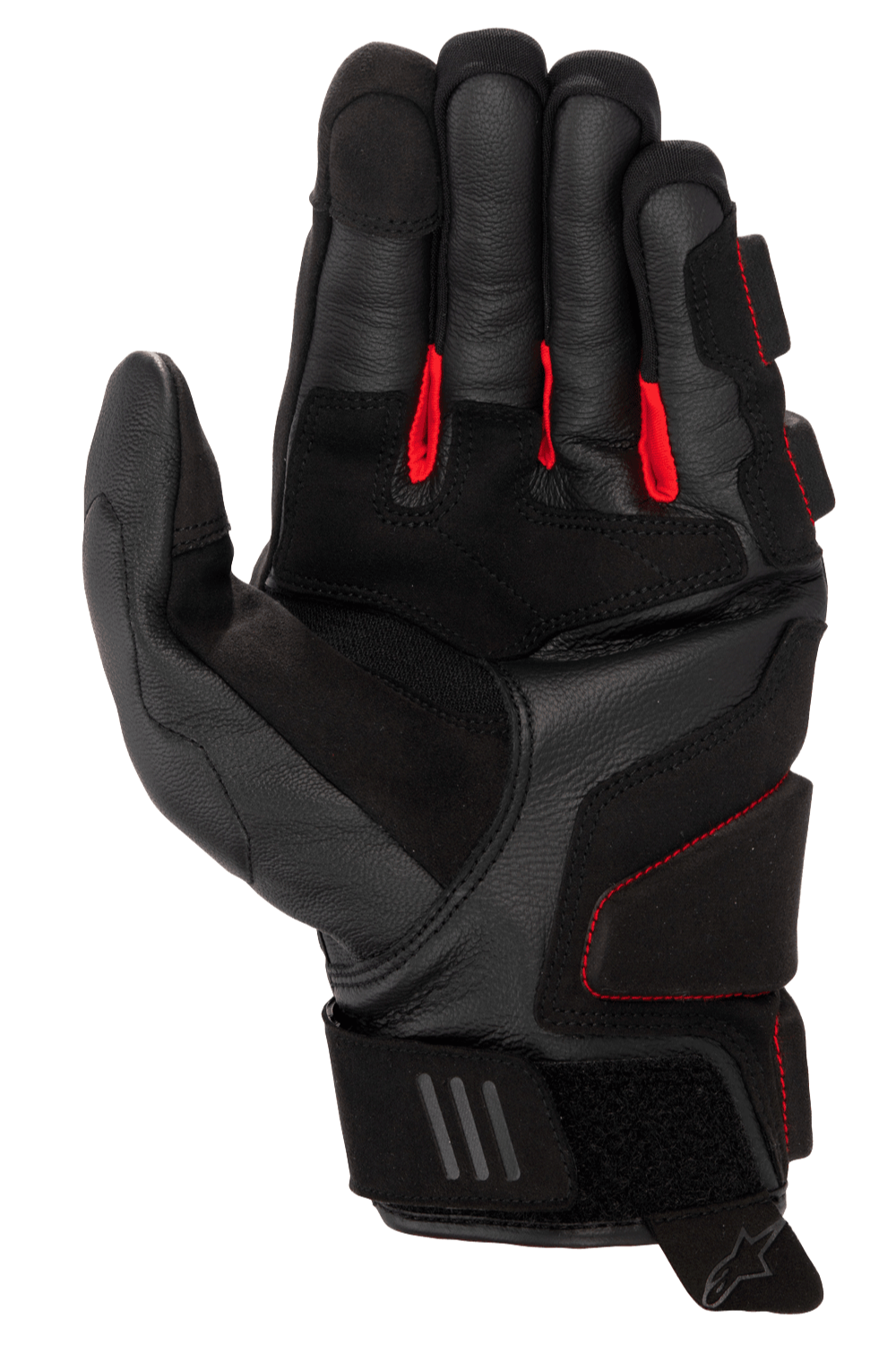 Guanti in pelle Alpinestars Phenom, guanti da moto, nero e rosso vivace, vista del palmo che mostra la pregiata pelle di capra, tessuto rosso tra le dita, zone d'impatto rinforzate e chiusura del polso regolabile in velcro