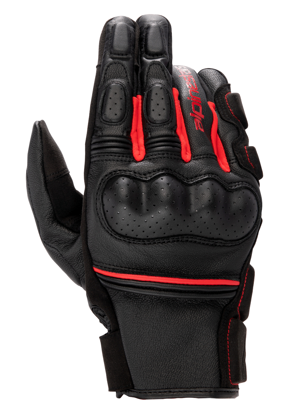 Guanti in pelle Alpinestars Phenom, guanti da moto racing, nero e rosso brillante, protezione nocche rigida traforata, struttura in pregiata pelle di capra, inserti a soffietto rossi e logo Alpinestars sul lato.