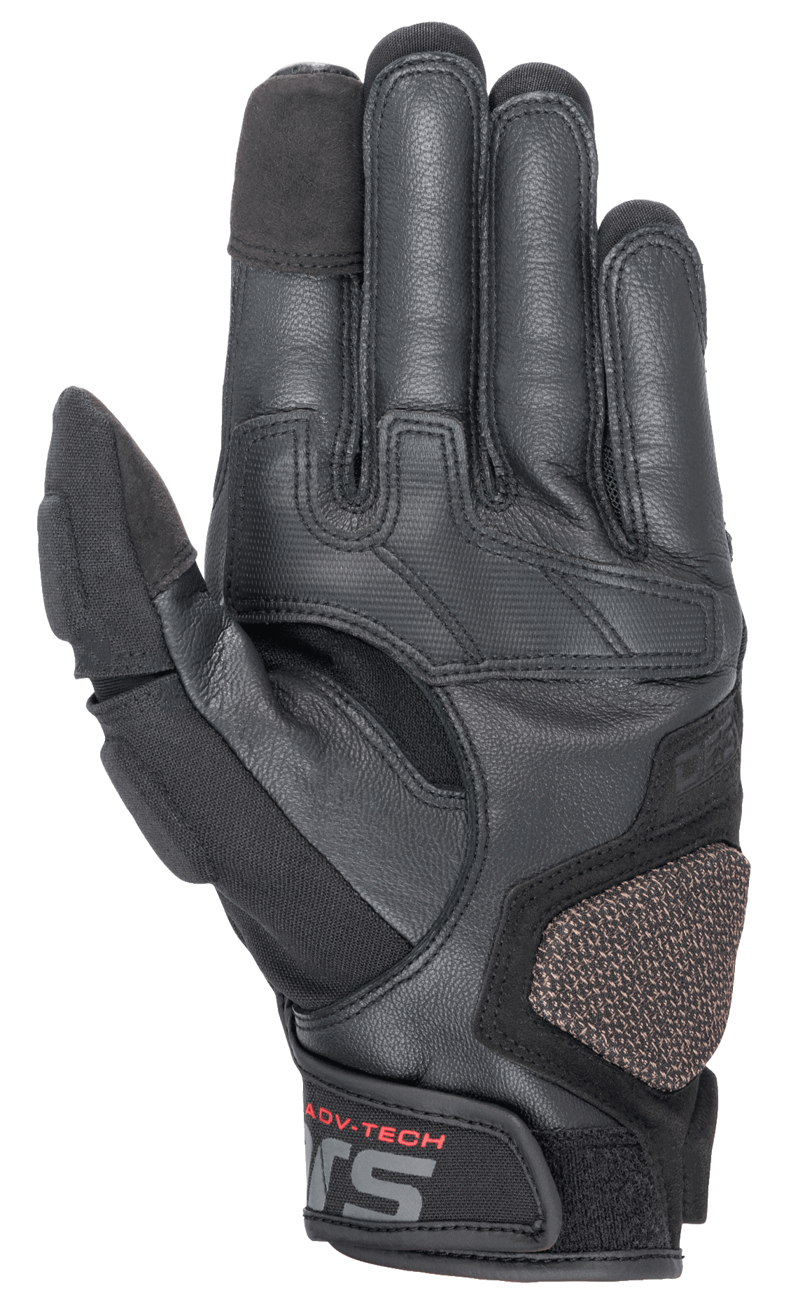 Guanti in pelle Alpinestars Halo, guanti da moto adventure, nero, vista del palmo con costruzione in pelle e tessuto, ARshield landing pad rinforzato, grip in gomma e polpastrelli compatibili con touchscreen