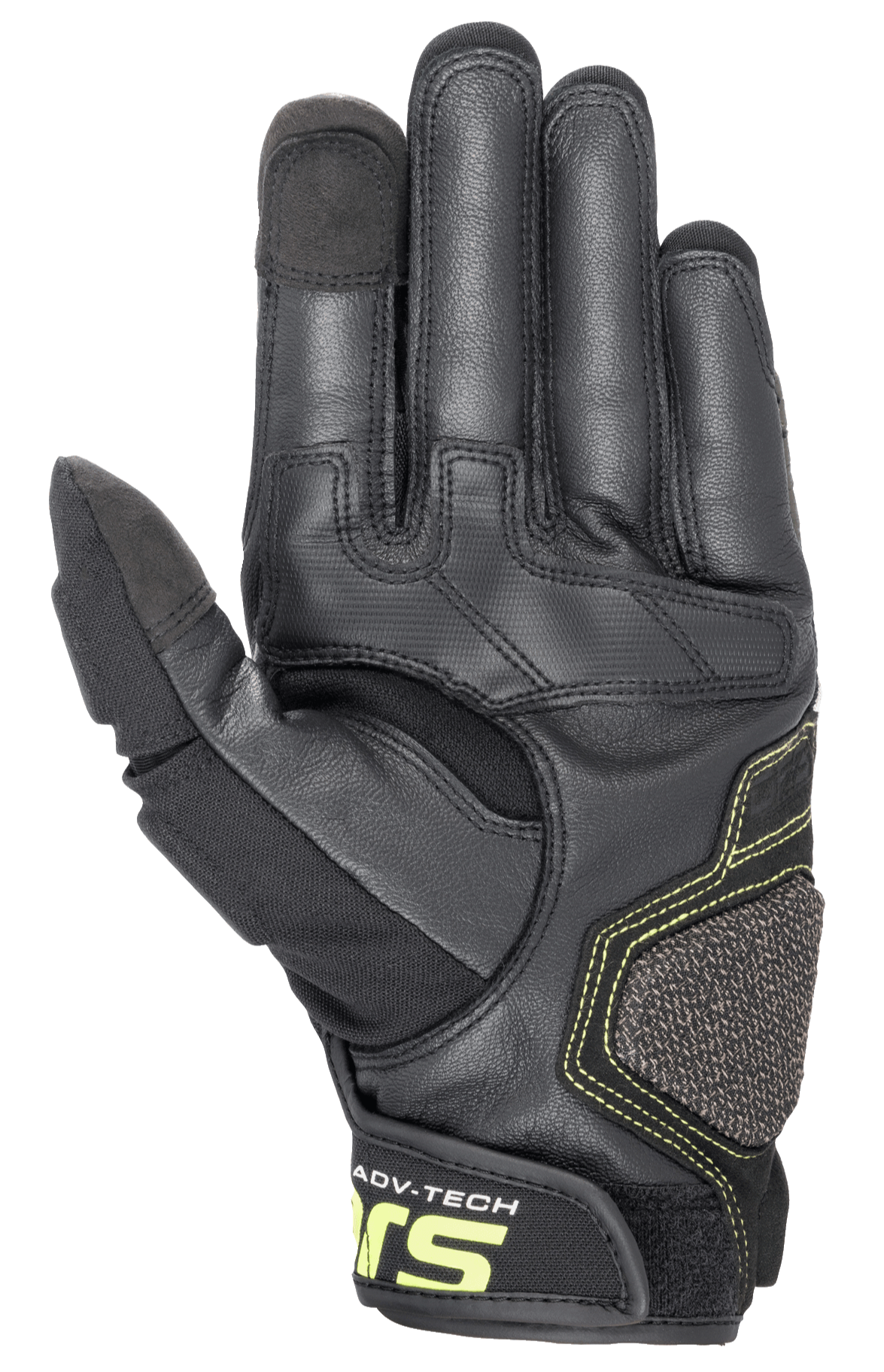 Guanti in pelle Alpinestars Halo, guanti da moto adventure, Forest Black e Giallo Fluo, vista lato palmo che mostra la costruzione in pelle rinforzata, cuciture giallo fluorescente e punte di indice e pollice compatibili con il touchscreen.