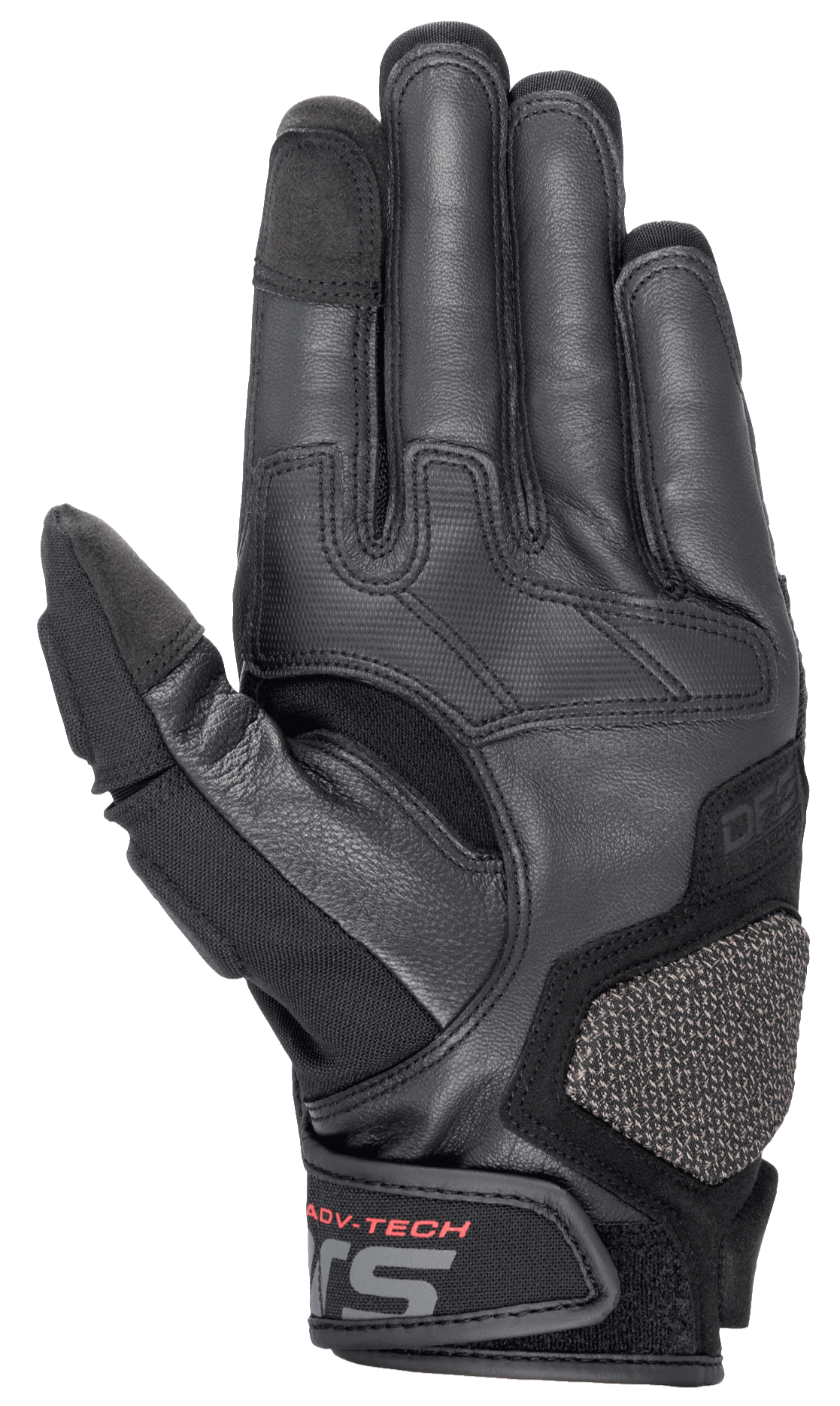 Guanti in pelle Alpinestars Halo, guanti da moto adventure touring, blu scuro e nero, vista del lato del palmo con pregiata pelle di capra, zone di grip gommate, inserto protettivo ARshield e scritta ADV-TECH rossa sulla chiusura del polso.
