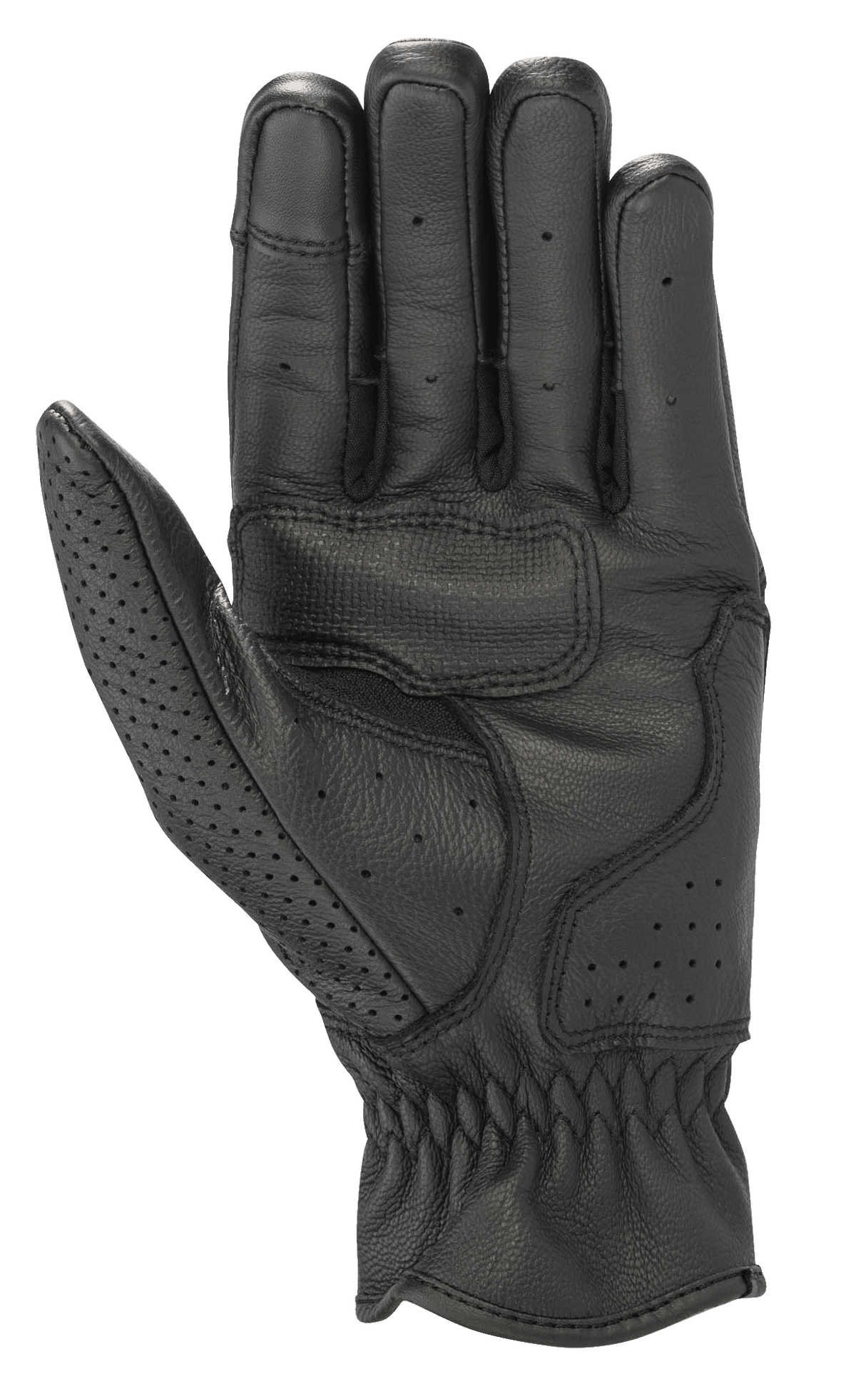 Guanti in pelle Alpinestars Rayburn V2, nero, vista del palmo, costruzione in pelle premium con rinforzo sul palmo per il grip, perforazioni localizzate su dita e pollice, guanti da moto urbani d'ispirazione heritage