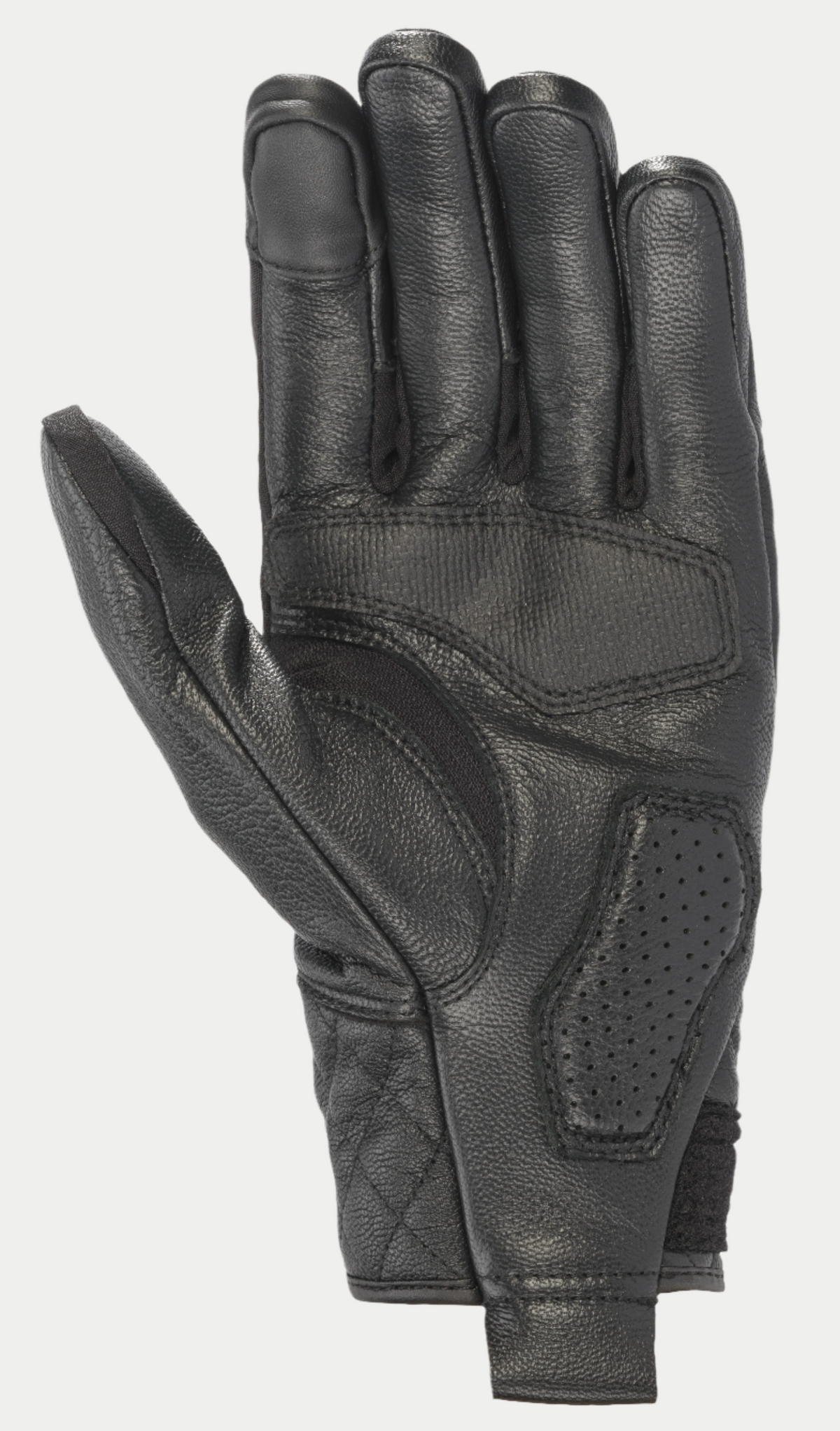 Guanti Alpinestars Brass Lt, guanti da moto neri, vista del palmo che mostra la costruzione in pelle premium con pannelli di rinforzo per il grip, imbottitura traforata e dettagli trapuntati per un look d'ispirazione heritage