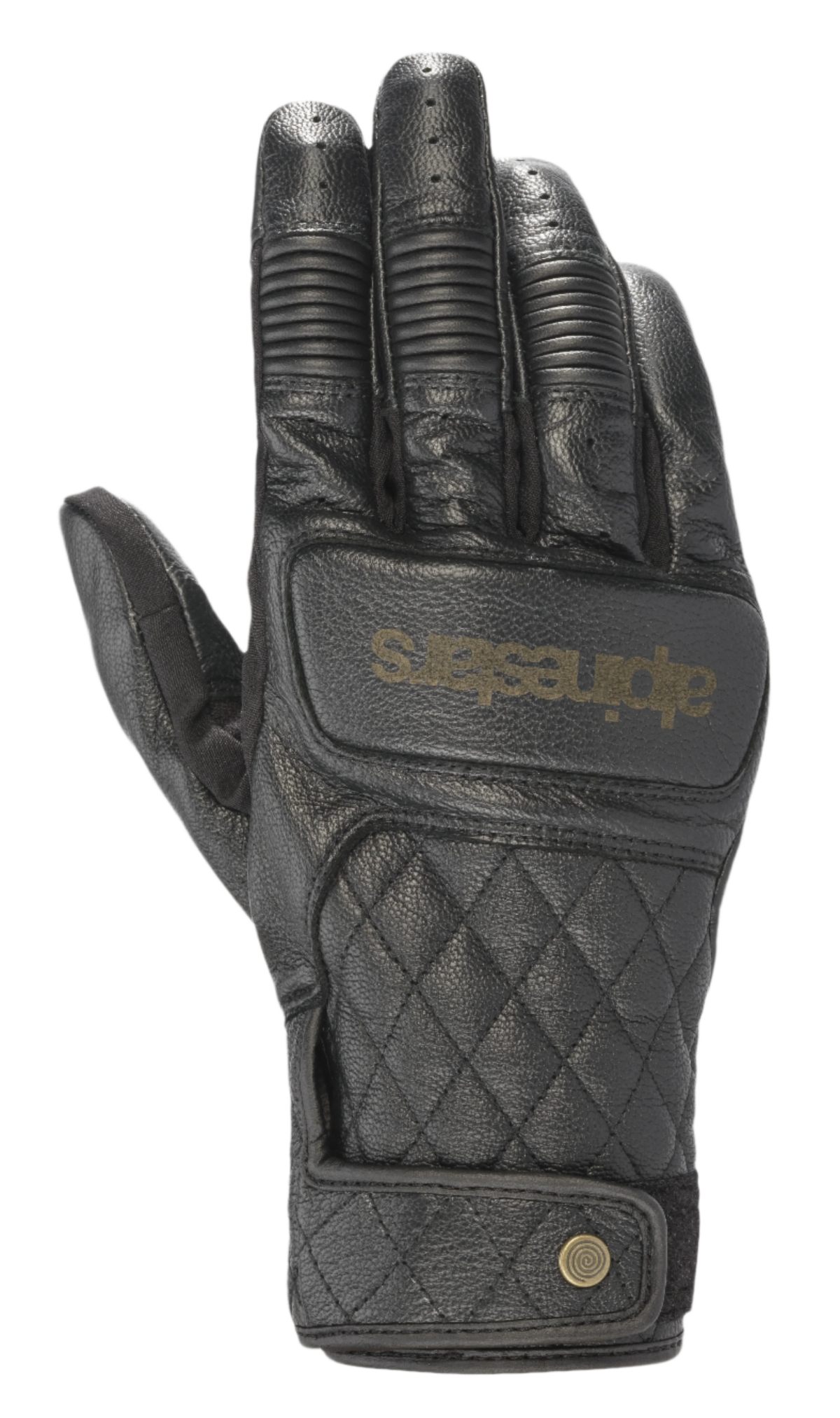 Alpinestars Brass Lt Gloves, guanti da moto in pelle nera con motivo trapuntato a diamante sul dorso, protezione nocche a coste, dita traforate, logo oro e chiusura al polso con bottone automatico