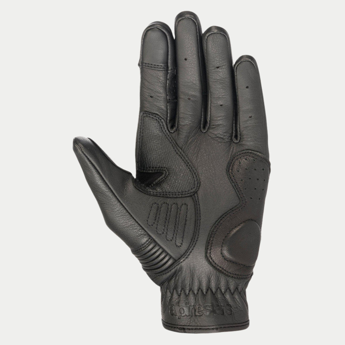 Guanti Alpinestars Crazy Eight, guanti da moto, nero, vista del palmo che mostra la costruzione in pelle rinforzata, inserti grip testurizzati su palmo e pollice e marchio in rilievo sul polsino