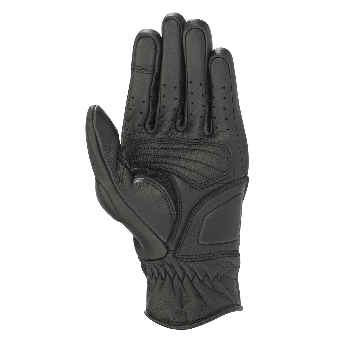 Guanti Alpinestars Stella Vika V2 da donna, guanti da moto in pelle nera, vista del lato palmo che mostra l'imbottitura rinforzata, dita traforate per la ventilazione e design con polsino corto
