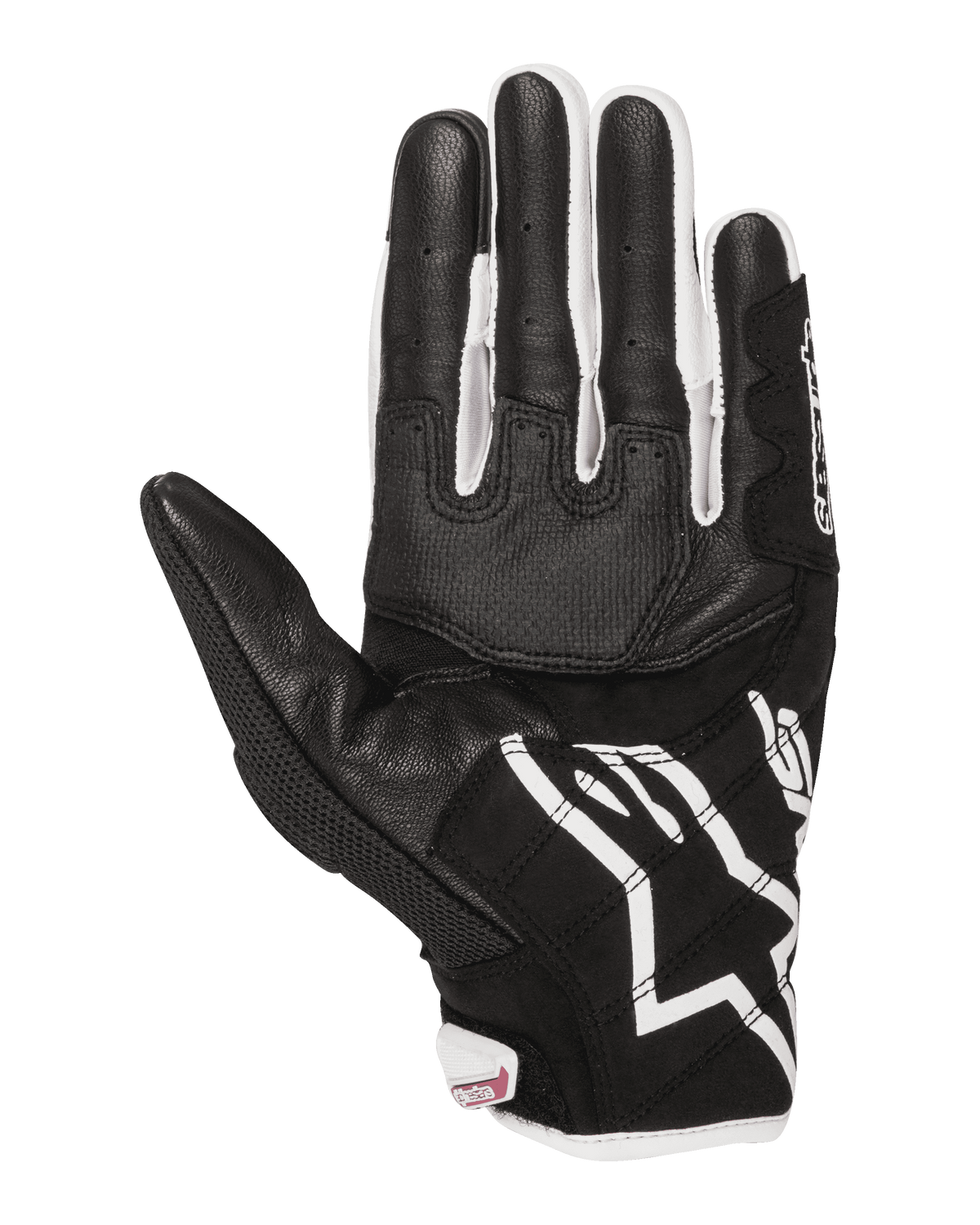 Guanti Alpinestars Stella SMX-2 Air Carbon V2 da donna, guanti da moto, vista del palmo, nero e bianco con dettagli fucsia, struttura in pelle e mesh con palmo rinforzato e punte delle dita compatibili con touchscreen