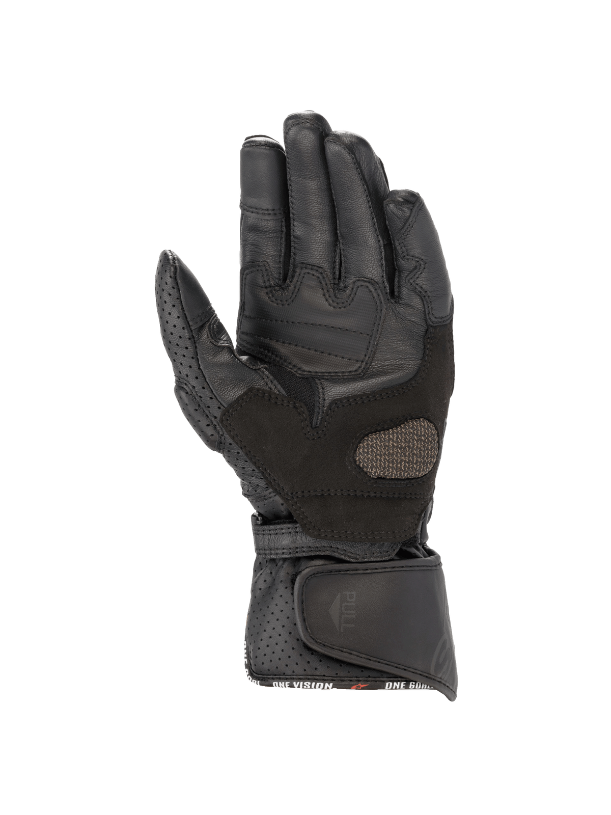 Alpinestars guanti Stella SP-8 V3, guanti da moto da donna, neri, vista del palmo con grip rinforzato e polsino traforato.