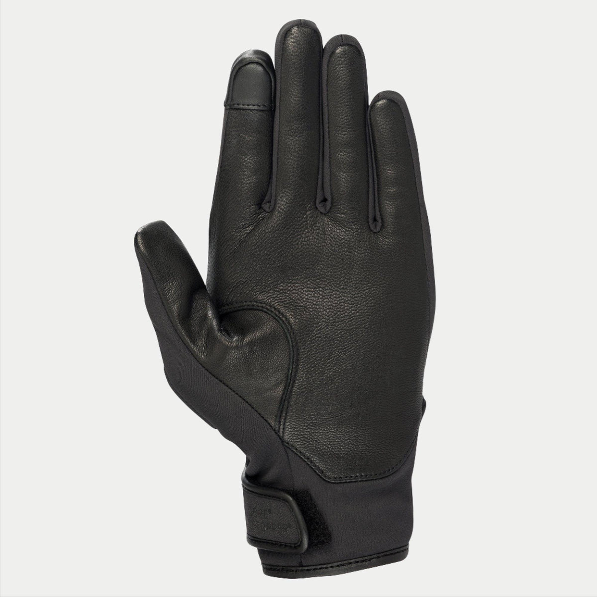 Guanti Alpinestars Stella C1 Windstopper V2 da donna, nero, vista del palmo con rinforzi in pelle pieno fiore e punta dell'indice compatibile con touchscreen, chiusura del polsino a strappo, design urbano elegante
