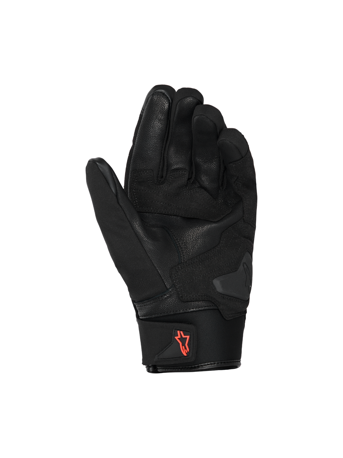 Alpinestars SP X Z Waterproof Gloves, guanti da moto, nero con logo rosso fluo, vista del palmo che mostra la struttura in pelle e le zone di grip rinforzate, polsino in neoprene con linguetta, abbigliamento tecnico da strada ad alte prestazioni