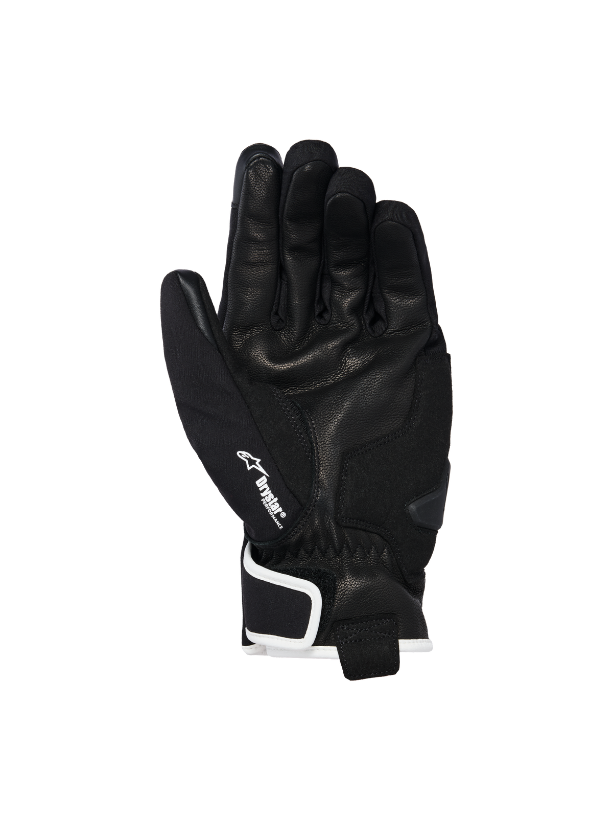 Guanti Alpinestars Moblast Waterproof, neri con finiture bianco sporco, vista lato palmo che mostra la costruzione in pelle di capra, logo Drystar bianco sul pollice e rinforzo slider sul palmo, abbigliamento da moto urbano a polsino corto