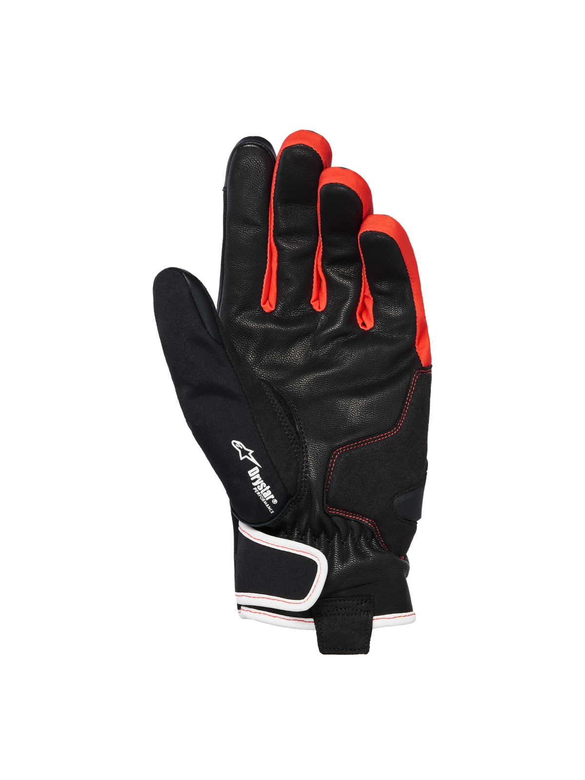 Guanti Alpinestars Moblast Waterproof, nero, antracite e arancione, vista del palmo con costruzione in pelle di capra, logo Drystar, vivaci accenti arancioni tra le dita e design a polsino corto con chiusura del polso bordata in bianco