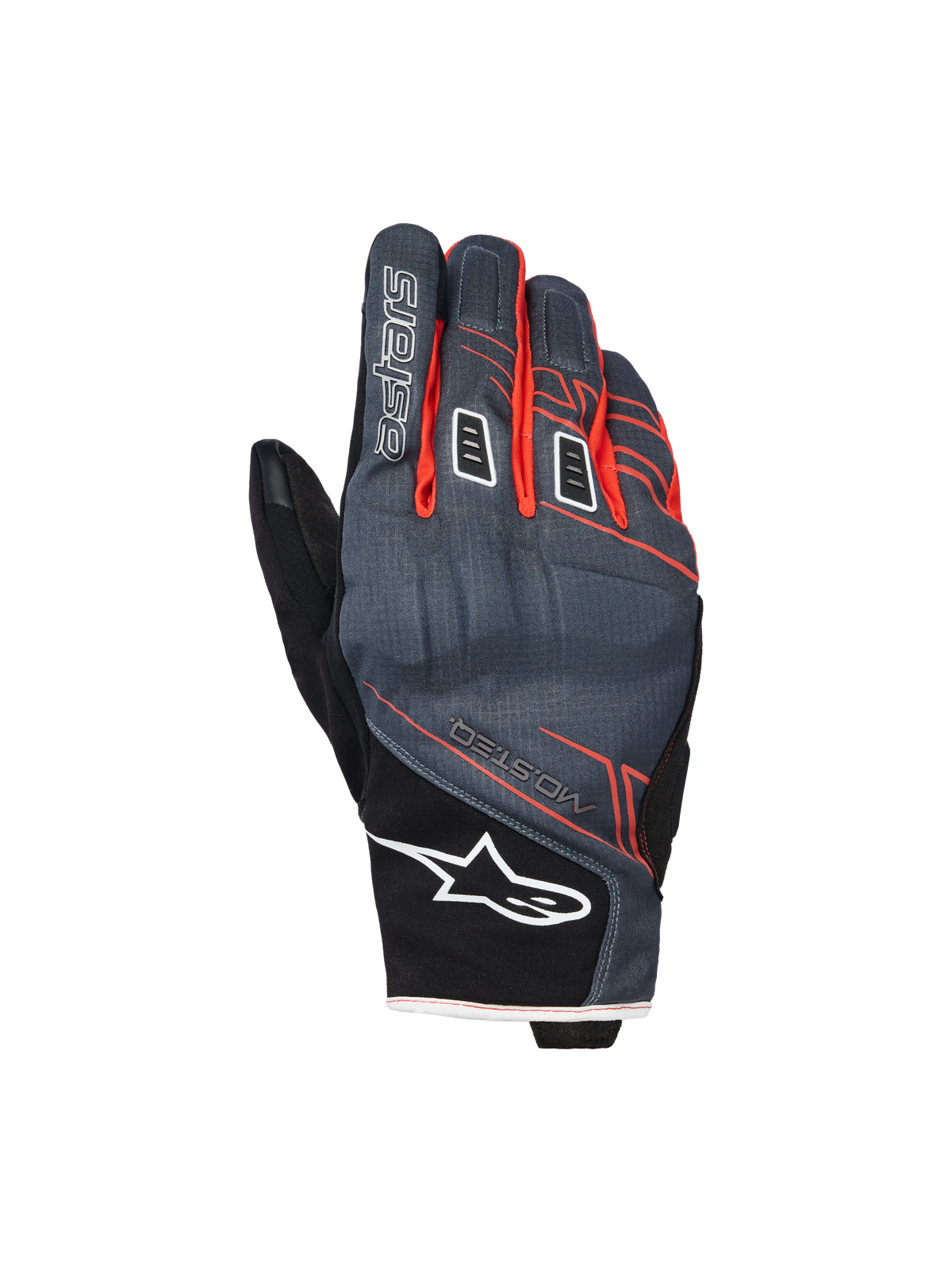 Guanti Alpinestars Moblast Waterproof, guanti da moto, antracite e nero con dettagli arancioni, design a polsino corto con grafiche lineari rosso-arancio, logo a stella Alpinestars bianco sul polsino e marchio 'astars' sul dito, dorso in tessuto tecnico per protezione in ogni condizione atmosferica