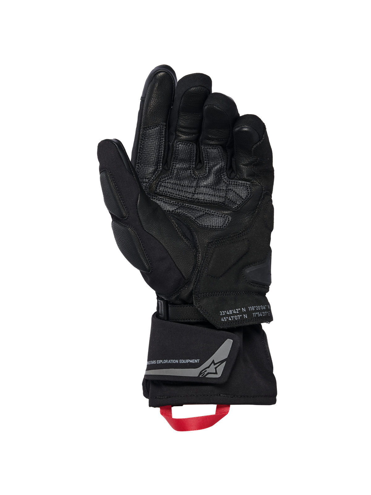 Guanti Alpinestars WT-8 GORE-TEX Insulated, guanti da moto, nero, vista del palmo interno con rinforzi in pelle e slider imbottiti, polsino lungo con asola rossa e logo Alpinestars Exploration Equipment con coordinate geografiche, design tecnico road e adventure