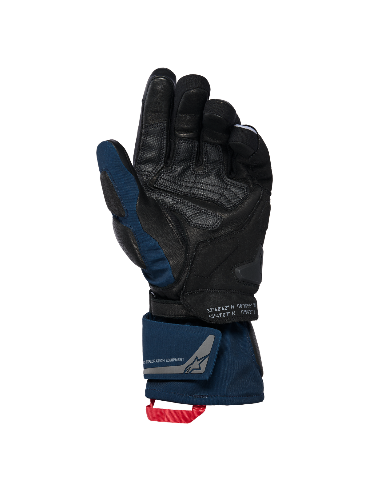 Alpinestars WT-8 GORE-TEX Insulated Gloves, nero e blu scuro, vista del palmo con rinforzi in pelle e cursore imbottito, design a polsino lungo con doppia chiusura al polso e asola rossa, con dettagli delle coordinate e marchio exploration equipment.