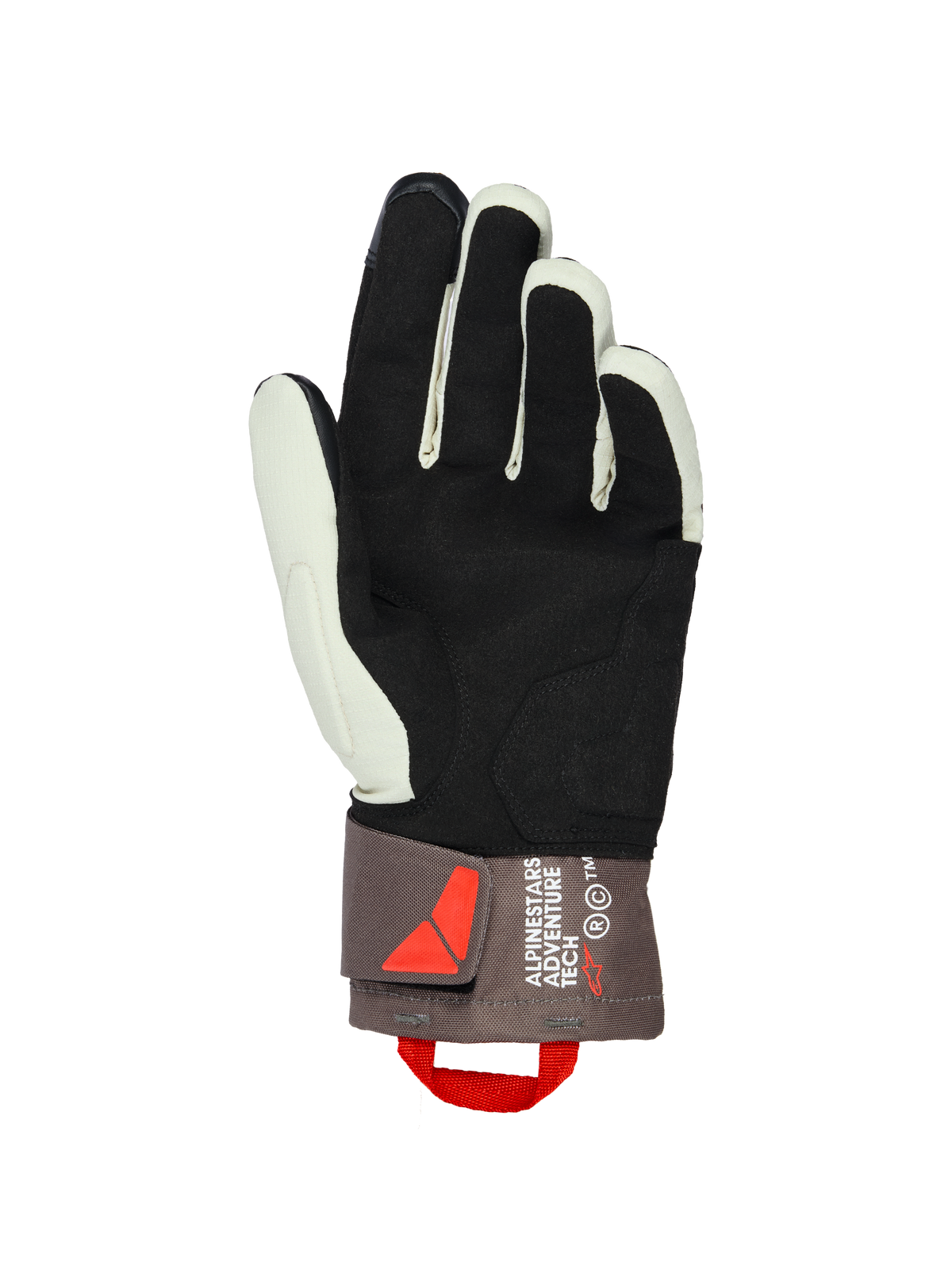 Guanti Alpinestars XT-3 Drystar® Insulated, vista del palmo, marrone scuro sabbia e nero, con palmo in morbida pelle scamosciata per il grip, polsino di media lunghezza con marchio Alpinestars Adventure Tech, tirante rosso e chiusura in velcro, equipaggiamento da moto adventure