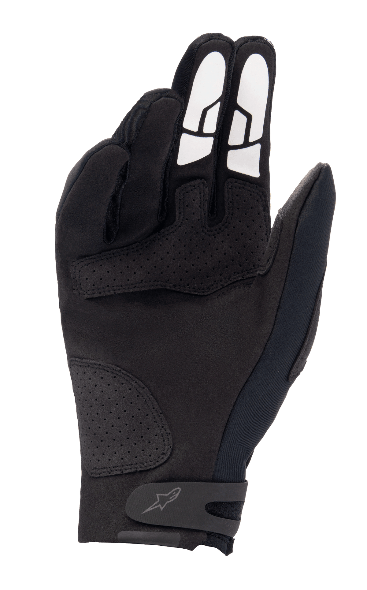 Guanti Alpinestars Thermo Shielder, guanti da motocross neri, vista del palmo con costruzione in camoscio sintetico, rinforzi perforati, motivi grip in silicone bianco sulle dita e cinturino sul polso con logo.