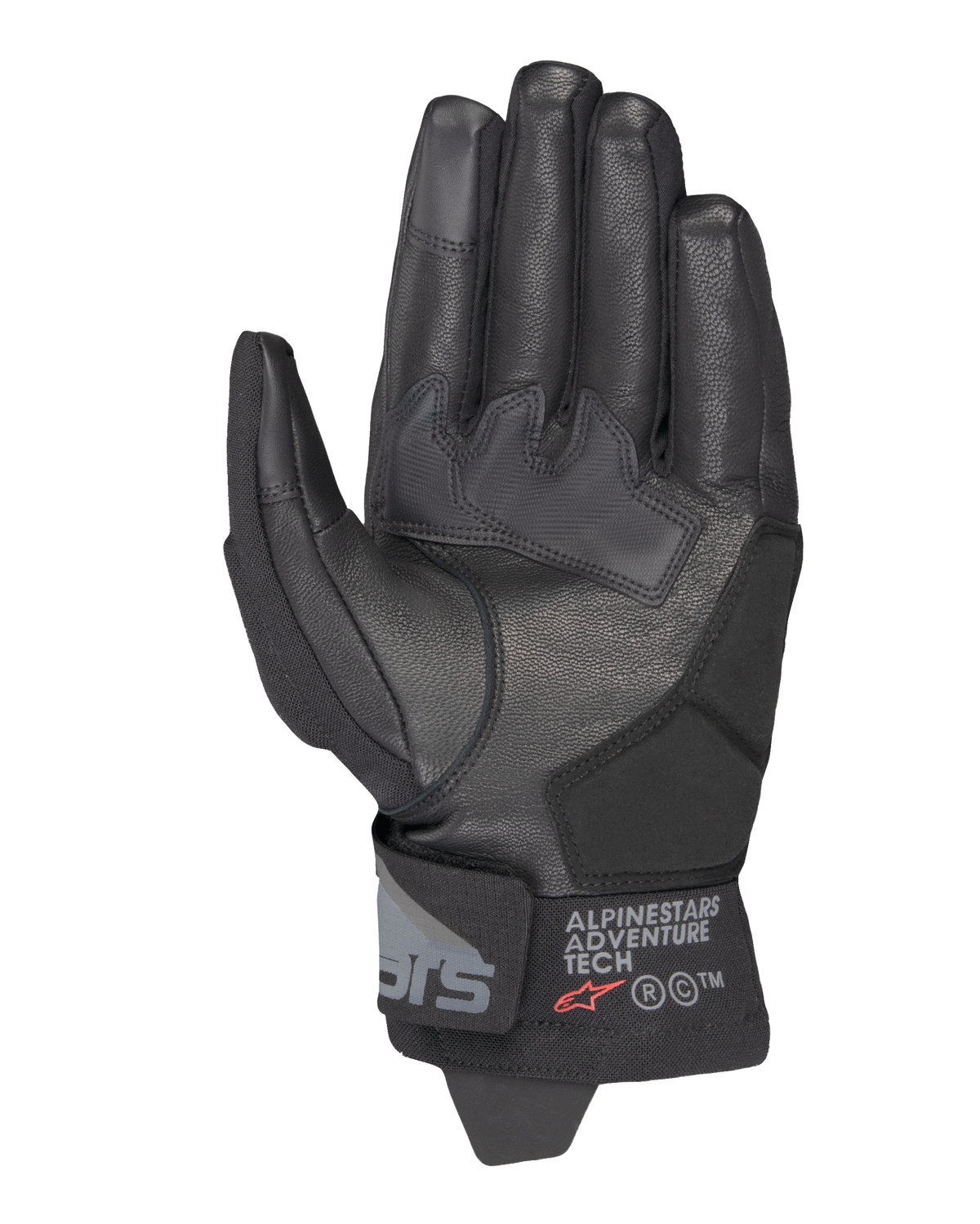 Guanti Alpinestars Corozal V3 Drystar®, nero, vista del palmo con costruzione in pelle e toppe di rinforzo, polsino corto con marchio Alpinestars Adventure Tech, polpastrelli compatibili con touchscreen, equipaggiamento da moto adventure resistente per ogni condizione atmosferica