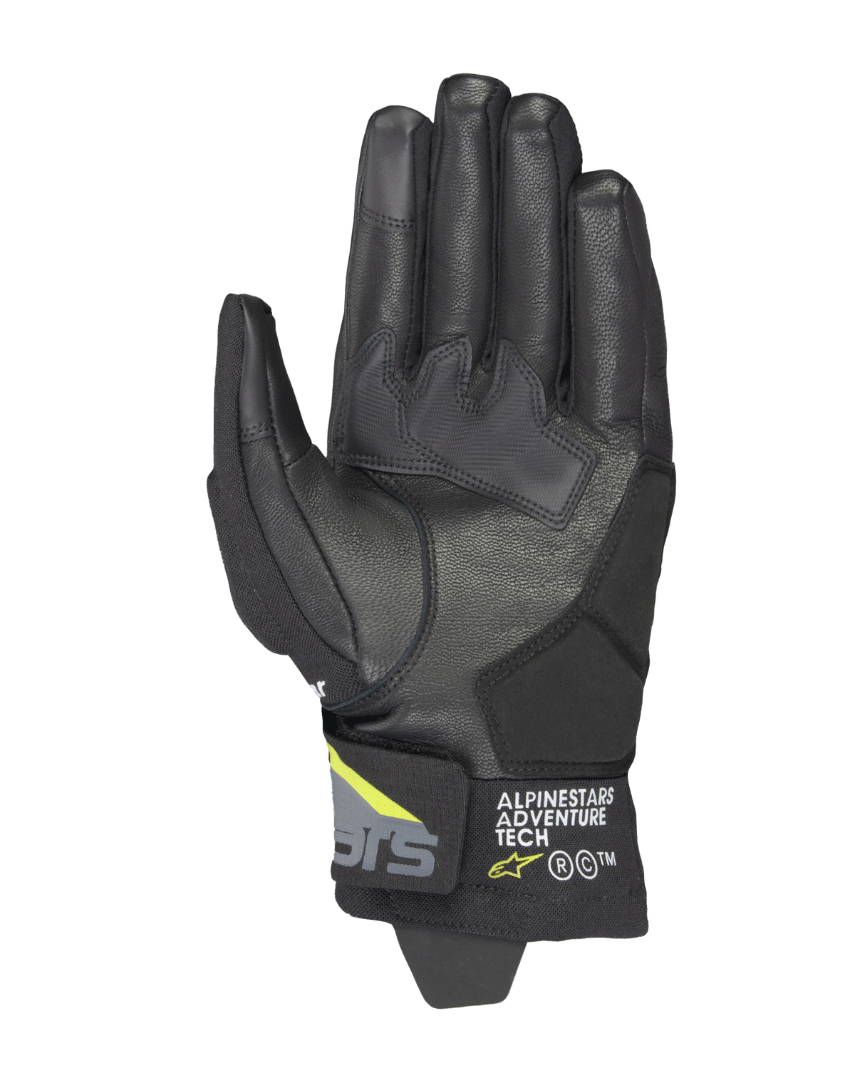 Guanti Alpinestars Corozal V3 Drystar®, nero, grigio scuro e giallo fluo, vista del palmo con struttura in pelle e rinforzi sintetici, punta delle dita compatibile con touchscreen e marchio Alpinestars Adventure Tech sul polsino corto.