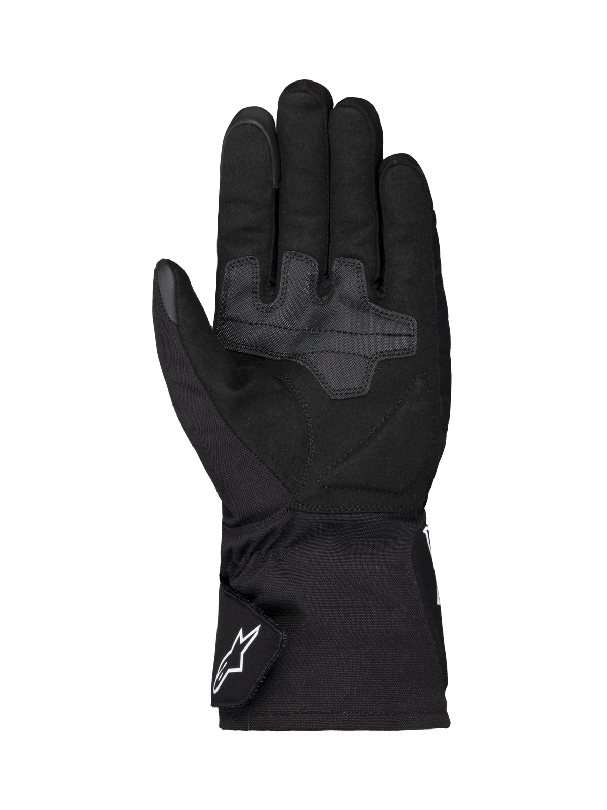 Alpinestars Wt-1 Drystar® Guanti Termici, guanti da moto, nero, vista del palmo con aree di grip in tessuto rinforzato, polsino lungo con logo Alpinestars bianco sul cinturino, costruzione resistente agli agenti atmosferici per la guida su strada