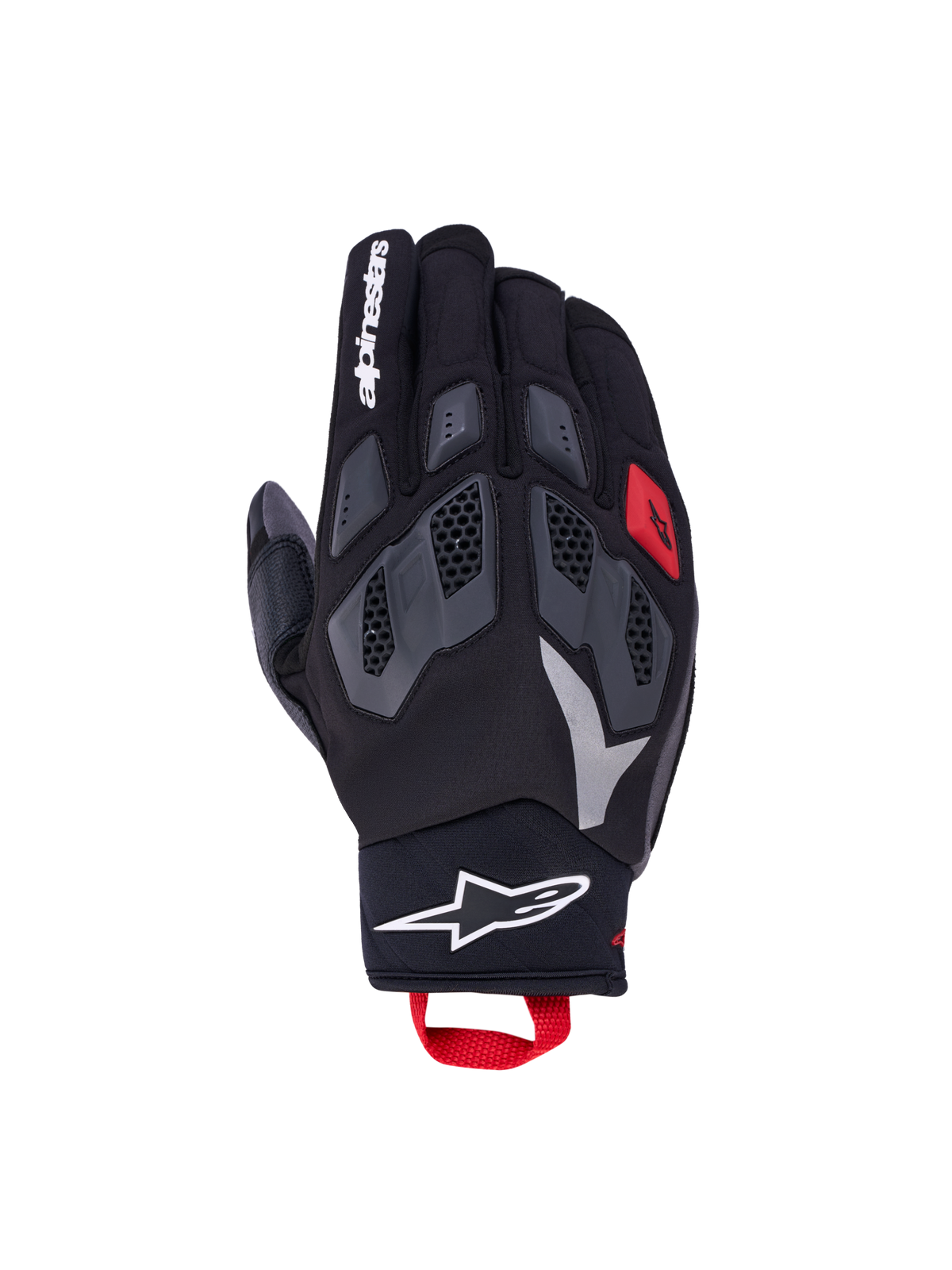 Alpinestars Maxdura Drystar Guanti, guanti da moto all terra adventure, nero e grigio scuro con dettagli rossi e bianchi, nocche flessibili in TPR, membrana Drystar impermeabile e linguetta rossa