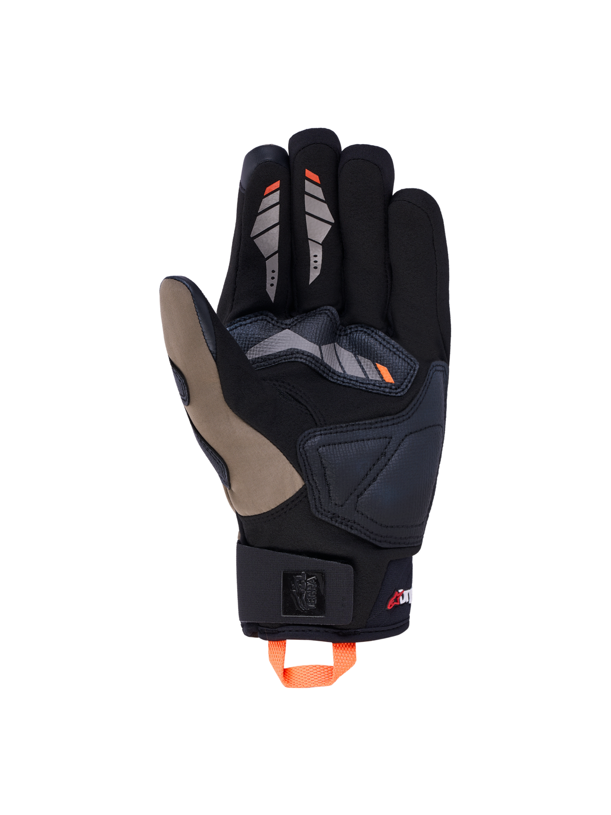 Alpinestars Maxdura Drystar Guanti, guanti da moto all-terrain, nero e marrone con dettagli arancioni, palmo in pelle scamosciata e dita compatibili touchscreen