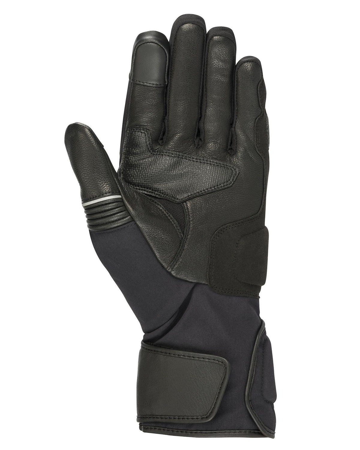 Guanti Alpinestars Jet Road V2 GORE-TEX, nero, vista del palmo che mostra la costruzione in pelle con imbottitura rinforzata, polsino lungo e dita compatibili con touchscreen per adventure touring