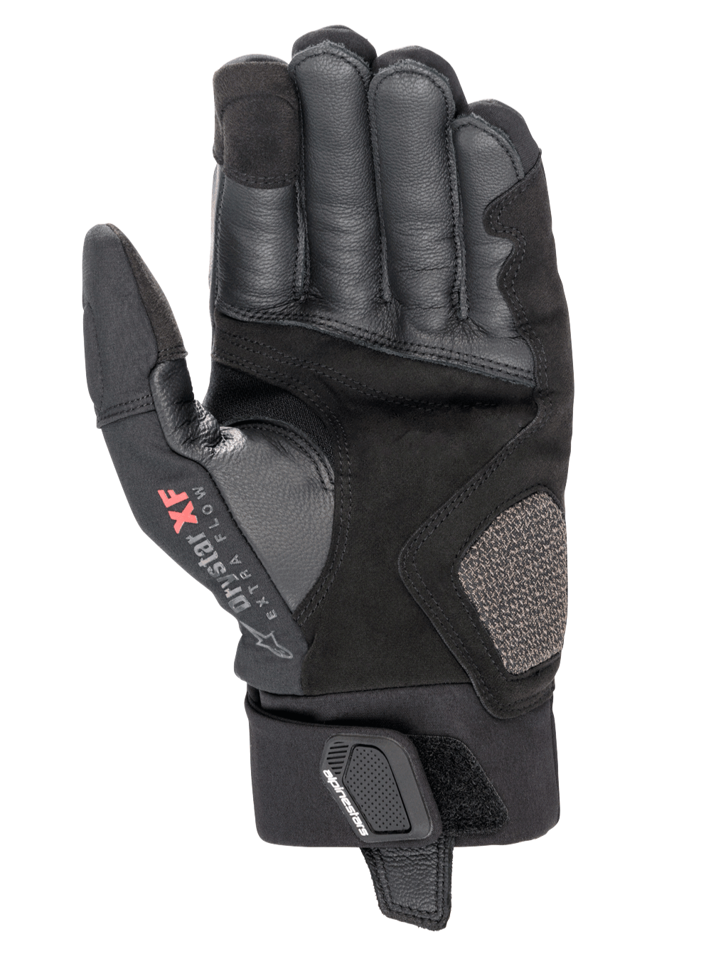 Guanti Alpinestars Hyde XT Drystar® XF, guanti da moto, nero, vista del palmo con rinforzi in scamosciato sintetico e texture in pelle, logo Drystar XF Extra Flow sul pollice, polsino di media lunghezza con cinturino di sicurezza al polso, design adventure touring