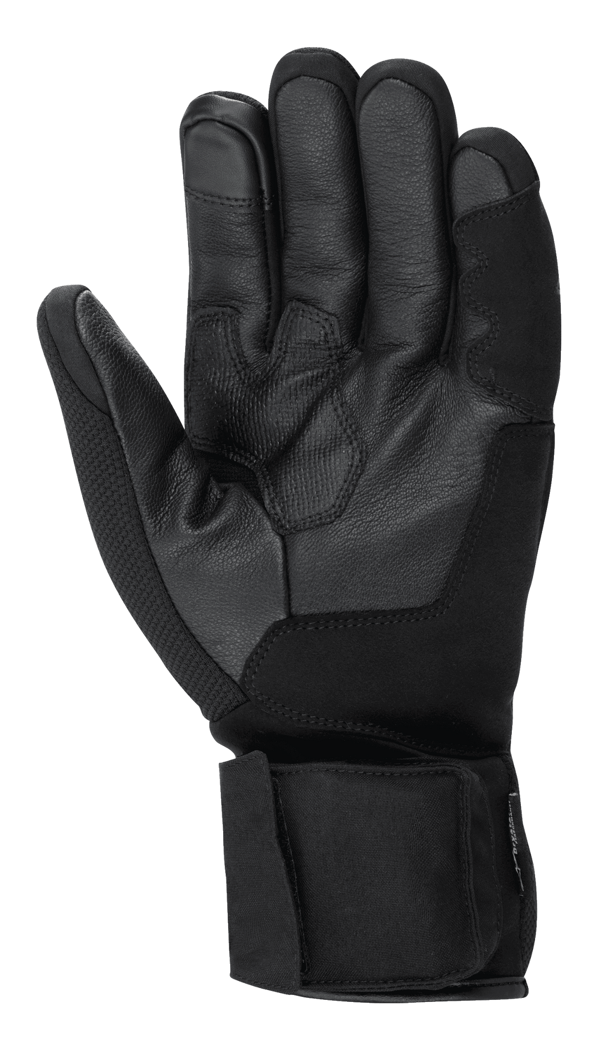 Guanti Alpinestars HT-3 Heat Tech Drystar®, guanti da moto neri, vista del palmo con costruzione in pelle di capra, grip testurizzato su palmo e pollice, cinturino regolabile sul polsino, indice compatibile con touchscreen, equipaggiamento da touring invernale