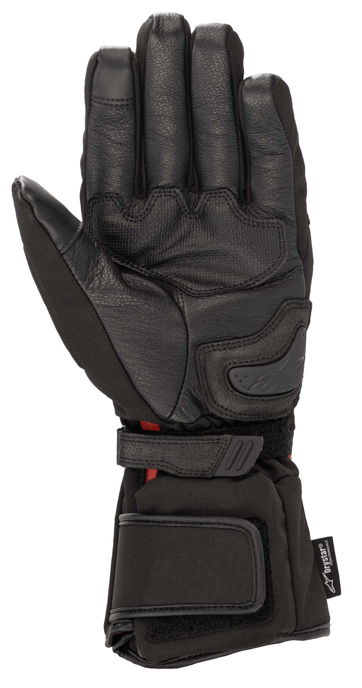 Guanti Alpinestars HT-5 Heat Tech Drystar®, nero, vista lato palmo, caratterizzati da struttura in pelle di capra, slider sul palmo e cinturini regolabili su polso e polsino, equipaggiamento da moto touring invernale impermeabile e riscaldato
