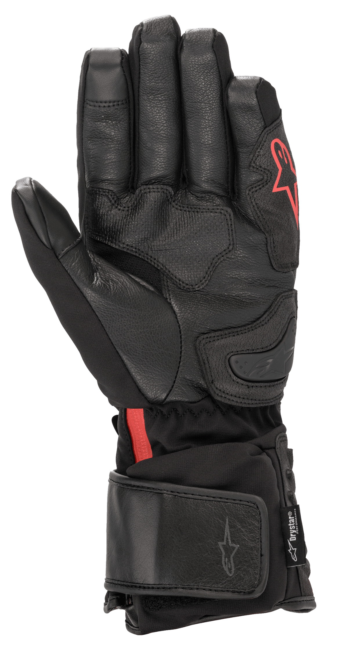Guanti Alpinestars HT-7 Heat Tech Drystar®, guanti da moto riscaldati neri, con palmo in pelle e struttura in softshell con logo Alpinestars rosso, tecnologia Drystar® impermeabile e polsino regolabile per la guida su strada in condizioni di freddo