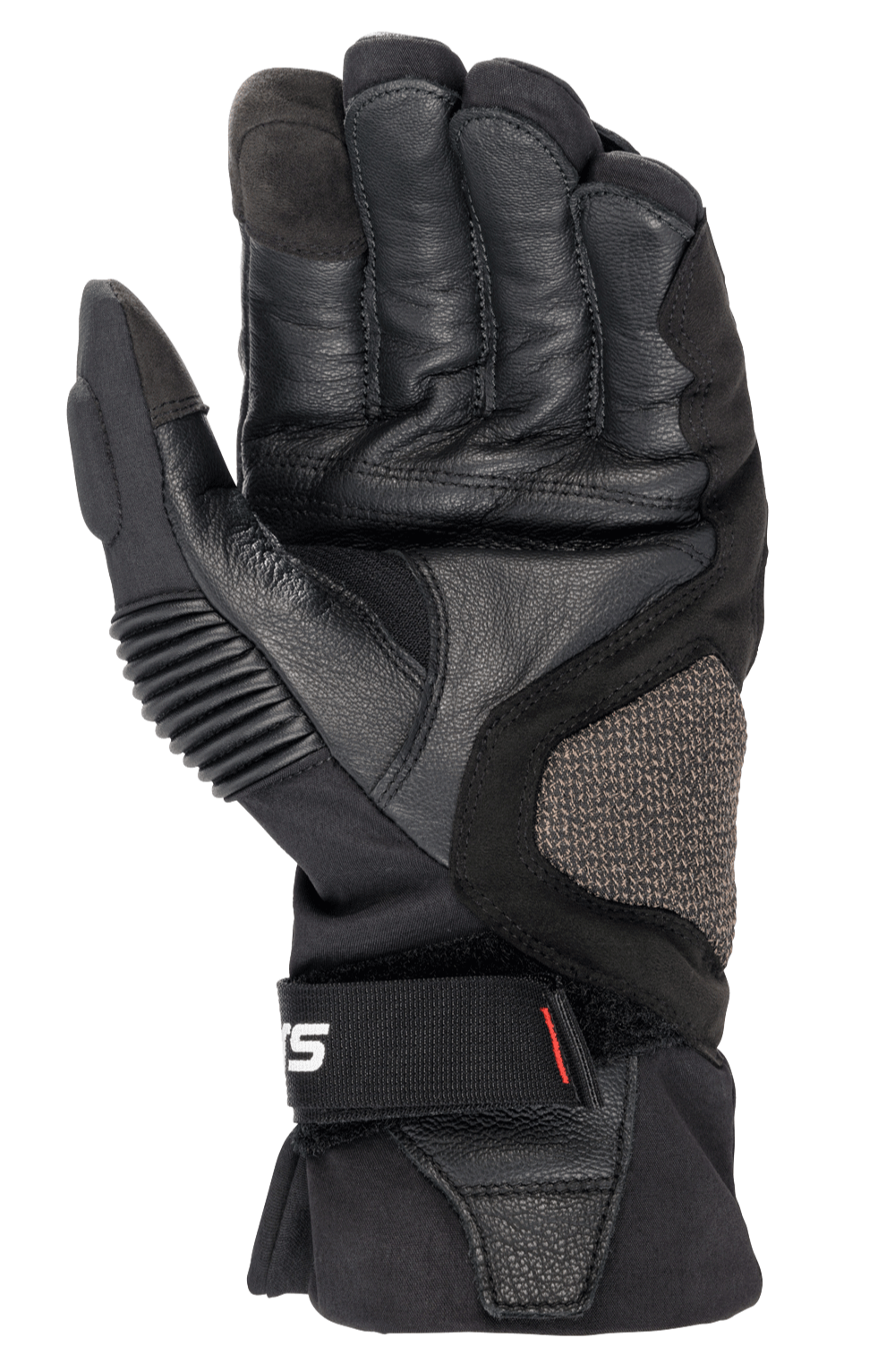 Guanti Alpinestars Boulder GORE-TEX, nero, guanti da moto, vista del palmo con costruzione in resistente pelle di capra, rinforzi imbottiti, pannello laterale ARshield e chiusura ergonomica del polso