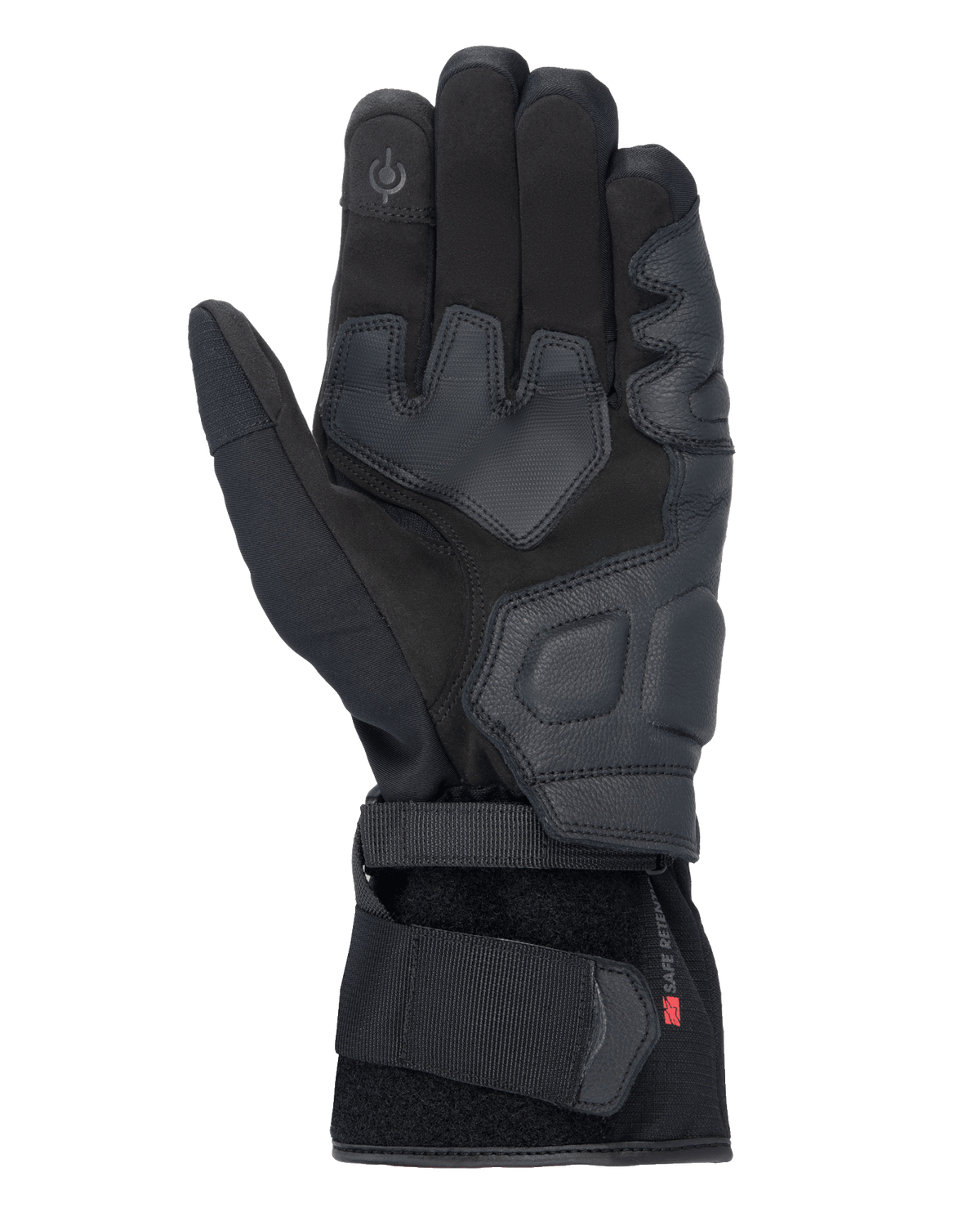 Guanti Alpinestars Tourer W-7 V2 Drystar®, guanti da moto neri, vista del palmo con rinforzi in pelle, aree di presa imbottite, polpastrello compatibile con touchscreen e chiusura sicura con cinturino al polso.