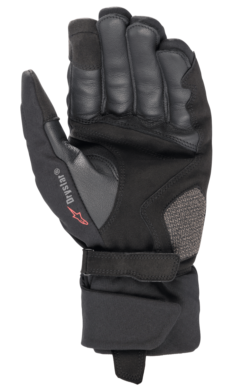 Guanti Alpinestars Bogota' Drystar® XF, guanti da moto, nero, vista del palmo con costruzione in pelle rinforzata, cinturino regolabile sul polso e marchio Drystar, equipaggiamento resistente per adventure touring