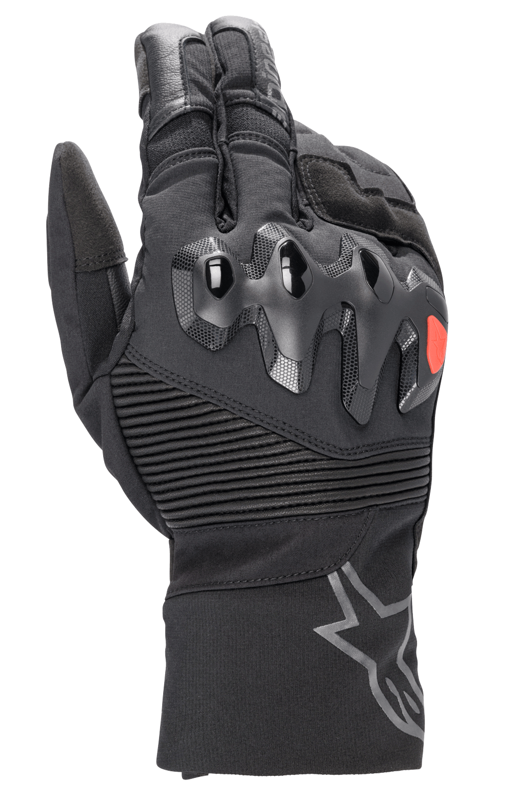 Alpinestars Bogota Drystar XF Gloves, guanti da mototurismo a lunghezza completa, neri con dettaglio logo rosso, protezione nocche sovra-iniettata, pannelli elastici a costine sul polso e polsino lungo con logo a stella grigio.