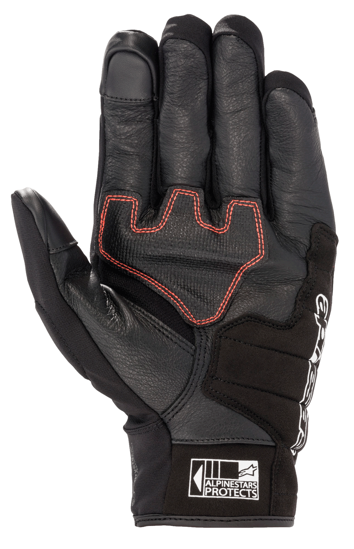 Guanto Alpinestars Honda SMX Z Drystar®, guanto da moto a polsino corto, nero con cuciture geometriche rosso brillante sul palmo, realizzato in pelle di capra con rinforzi in camoscio, punte delle dita compatibili con touchscreen e logo Alpinestars Protects sul polsino