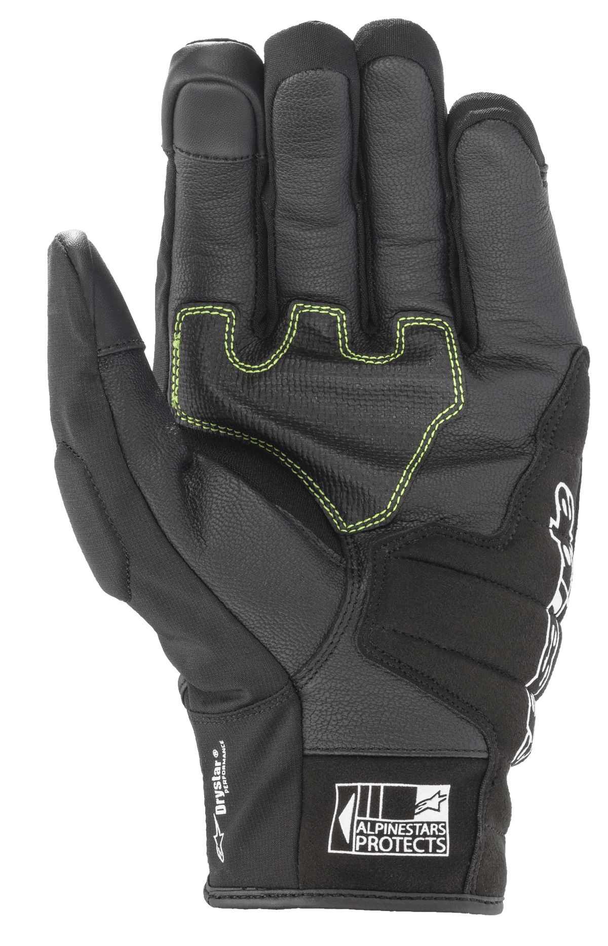Guanti Alpinestars SMX Z Drystar®, guanti da moto neri, vista del palmo con cuciture a contrasto verde neon su pelle rinforzata, marchio 'Drystar Performance' sul lato e logo 'Alpinestars Protects' sul polsino