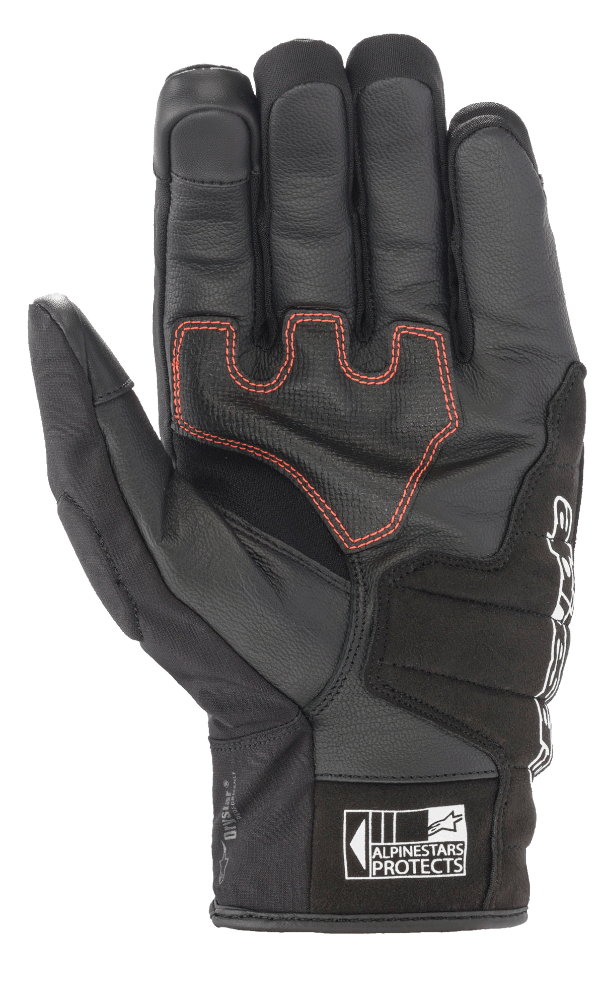 Guanti Alpinestars SMX Z Drystar®, guanti da moto a polsino corto, nero con cuciture rosse a contrasto, vista del palmo con costruzione in pelle e imbottitura rinforzata, logo Alpinestars Protects sul polsino