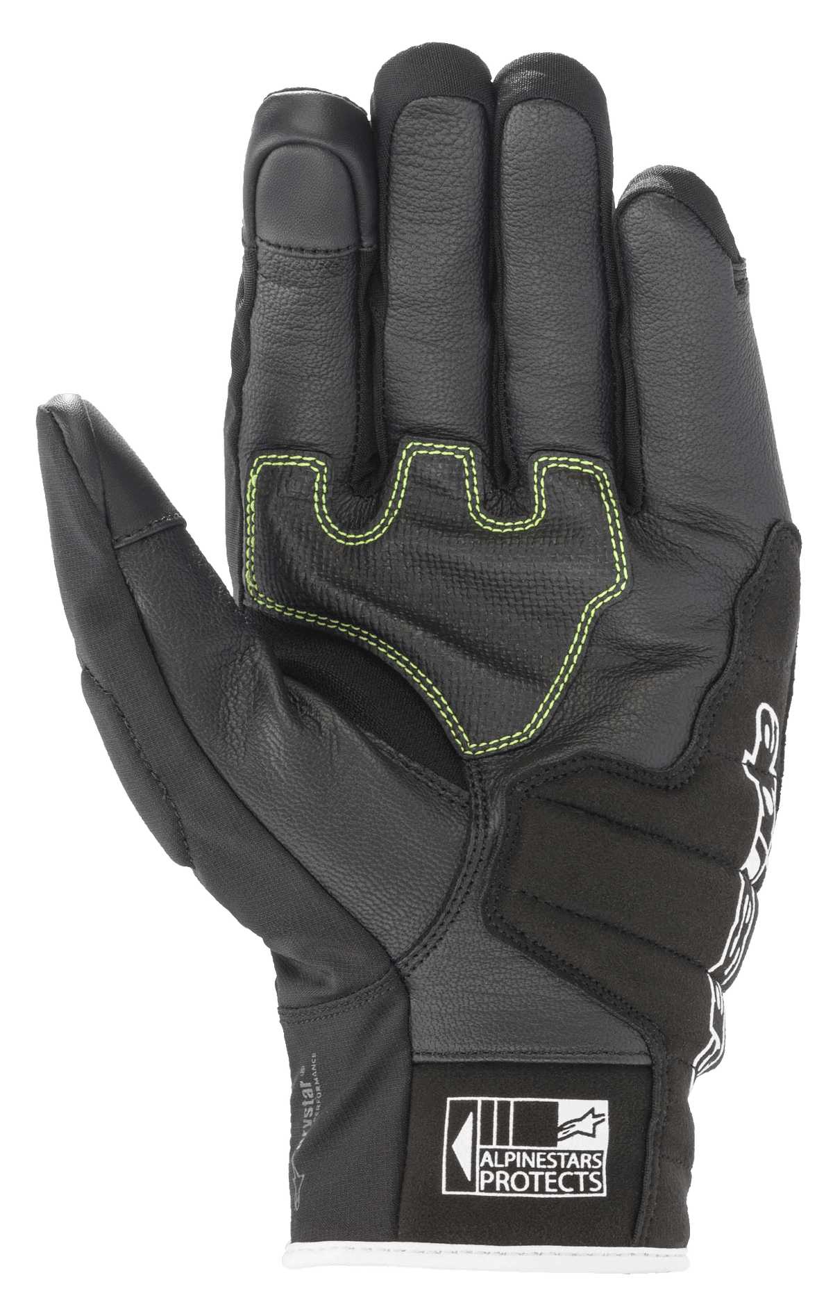 Guanti Alpinestars SMX Z Drystar®, guanti da moto, nero bianco rosso fluo, vista del palmo con pelle rinforzata, cuciture a contrasto verde lime e logo Alpinestars Protects sul polsino