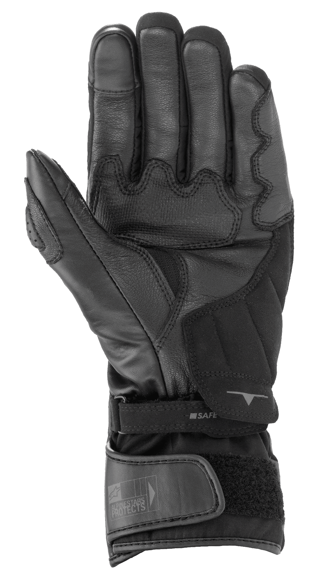 Guanti Alpinestars SP-365 Drystar®, nero e grigio antracite, vista del palmo con struttura in pelle rinforzata e scamosciata sintetica, guanti da moto impermeabili con chiusura regolabile sul polso