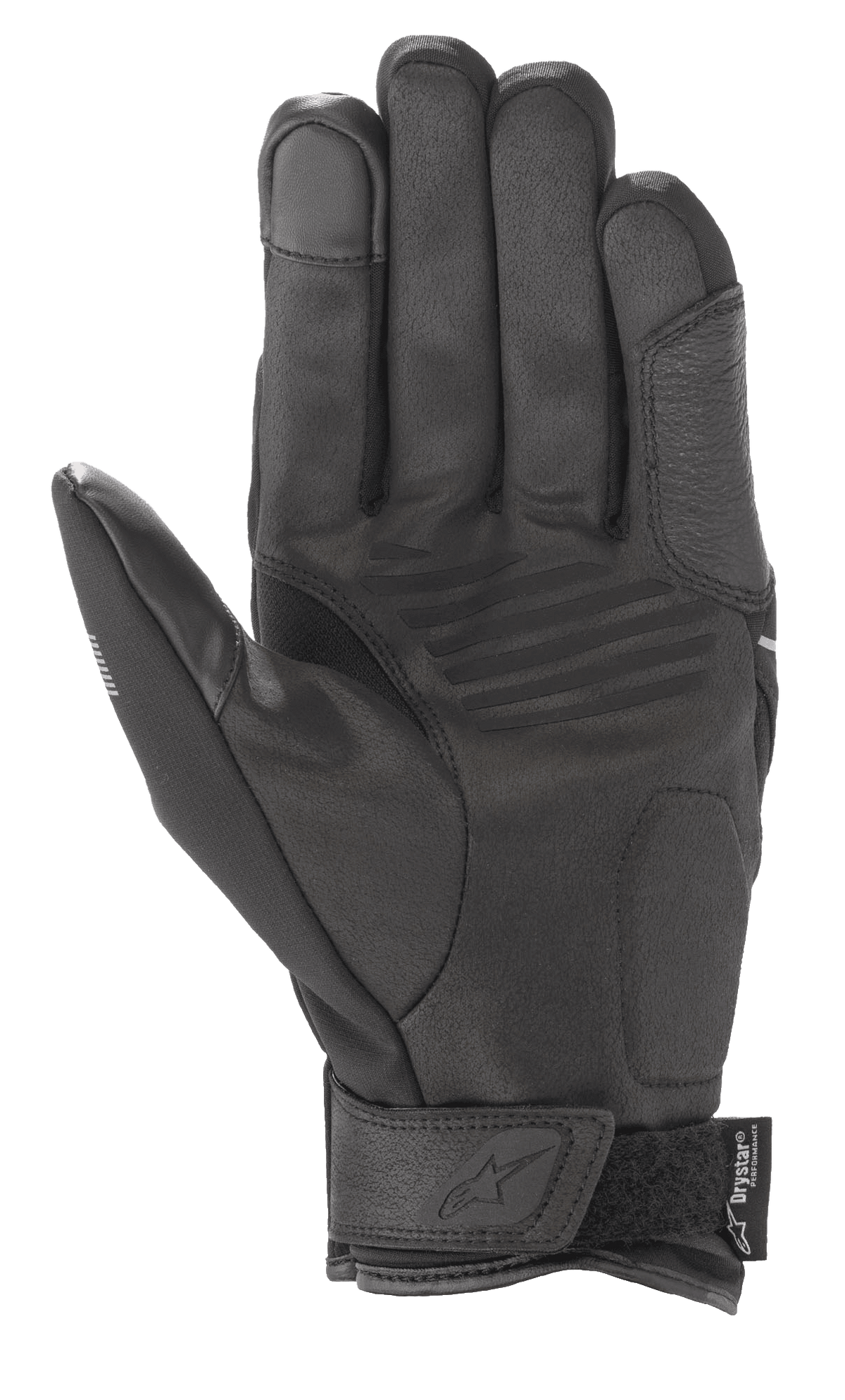 Guanti Alpinestars Syncro V2 Drystar®, guanti da moto urban, Nero Grigio Medio, vista del palmo con costruzione in pelle scamosciata sintetica, rinforzi imbottiti, punta del dito compatibile con touchscreen e cinturino in velcro sul polso con marchio Alpinestars.