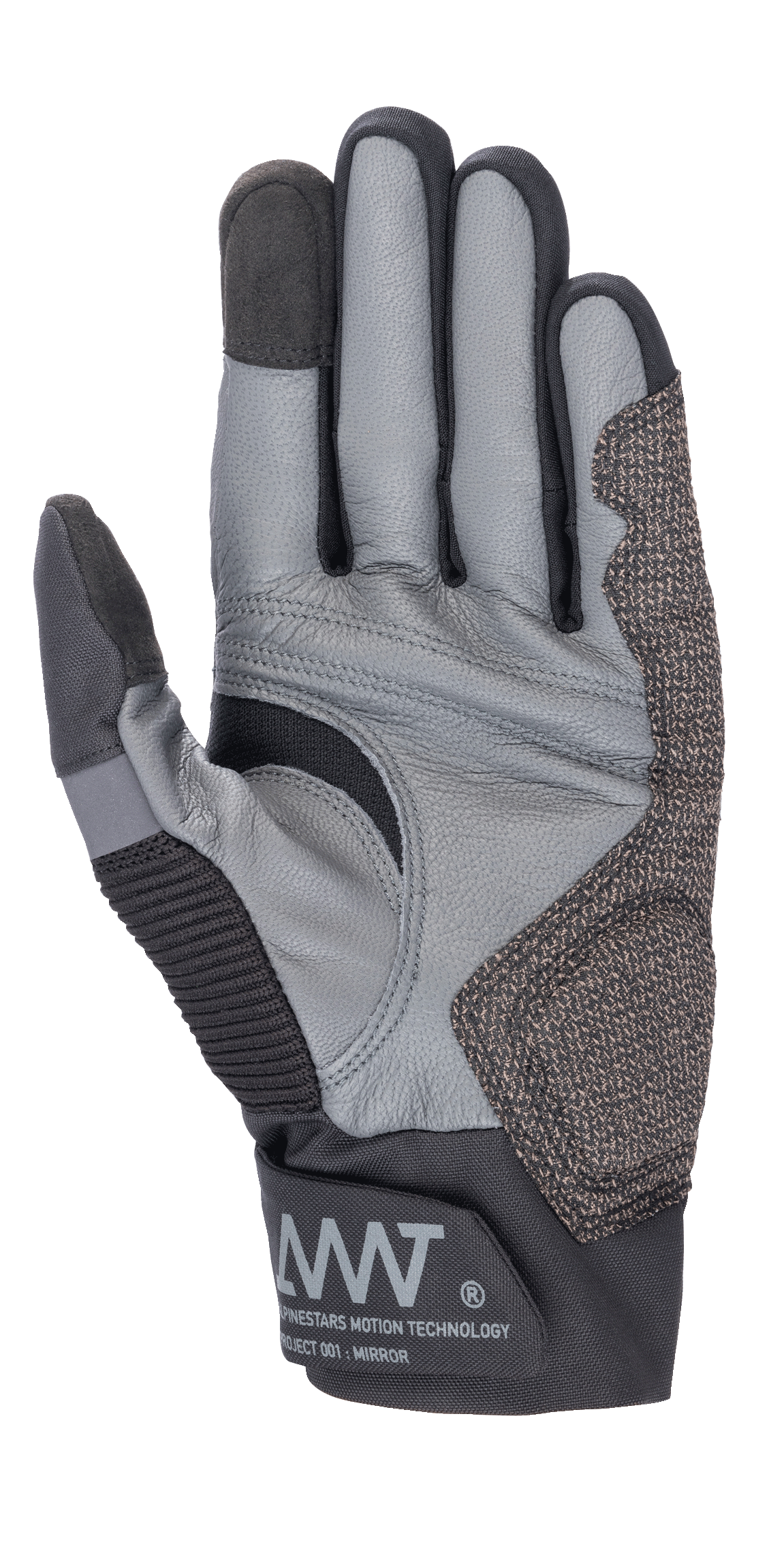 Guanti Alpinestars AMT-10 Air HDry®, nero e grigio, vista del palmo che evidenzia la costruzione in pelle di capra, il pattern di grip ergonomico e gli inserti tecnici elasticizzati, con marchio AMT sul polsino