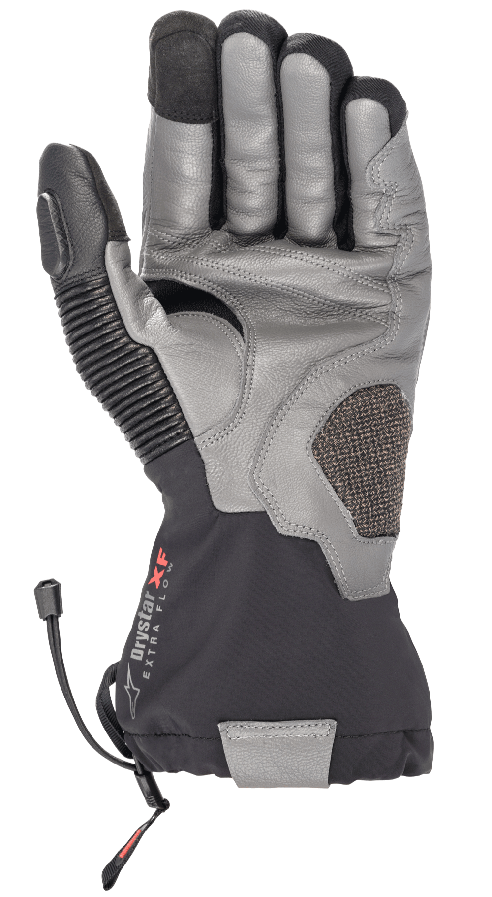 Guanti invernali Alpinestars Amt-10 Drystar® XF, guanti da moto touring, nero e grigio scuro, vista del palmo in pelle di capra testurizzata, polsino impermeabile lungo con logo Drystar XF, pannello a fisarmonica in pelle sul pollice e palmo rinforzato per guida adventure e su strada.