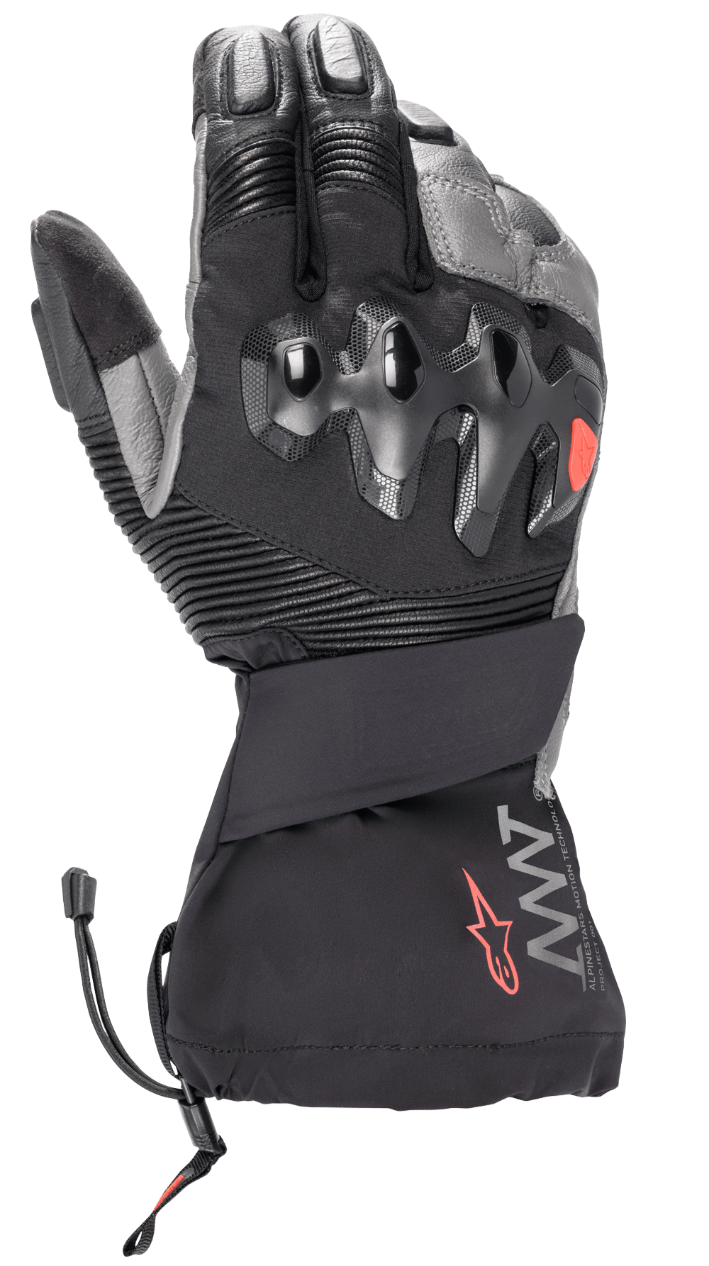 Alpinestars Amt-10 Drystar® XF Winter Gloves, guanti da moto invernali a polsino lungo, nero e grigio scuro, protezione nocche rigida sovra-iniettata, inserti a soffietto elasticizzati sulle dita, logo AMT con stella rossa e chiusura con cordino sul polsino
