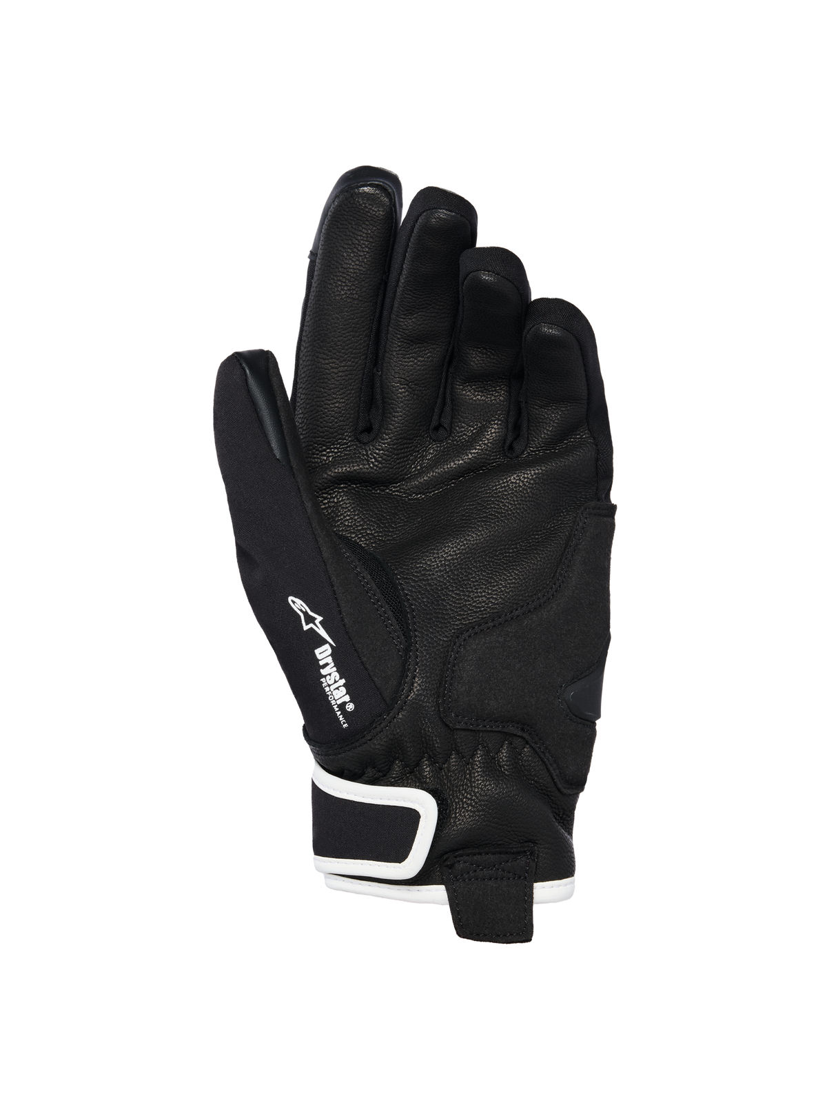 Guanti Alpinestars Stella Moblast Waterproof, vista del palmo, pelle di capra nera con grip testurizzato, accenti bianchi e marchio Drystar, design a polsino corto per guida motociclistica urbana