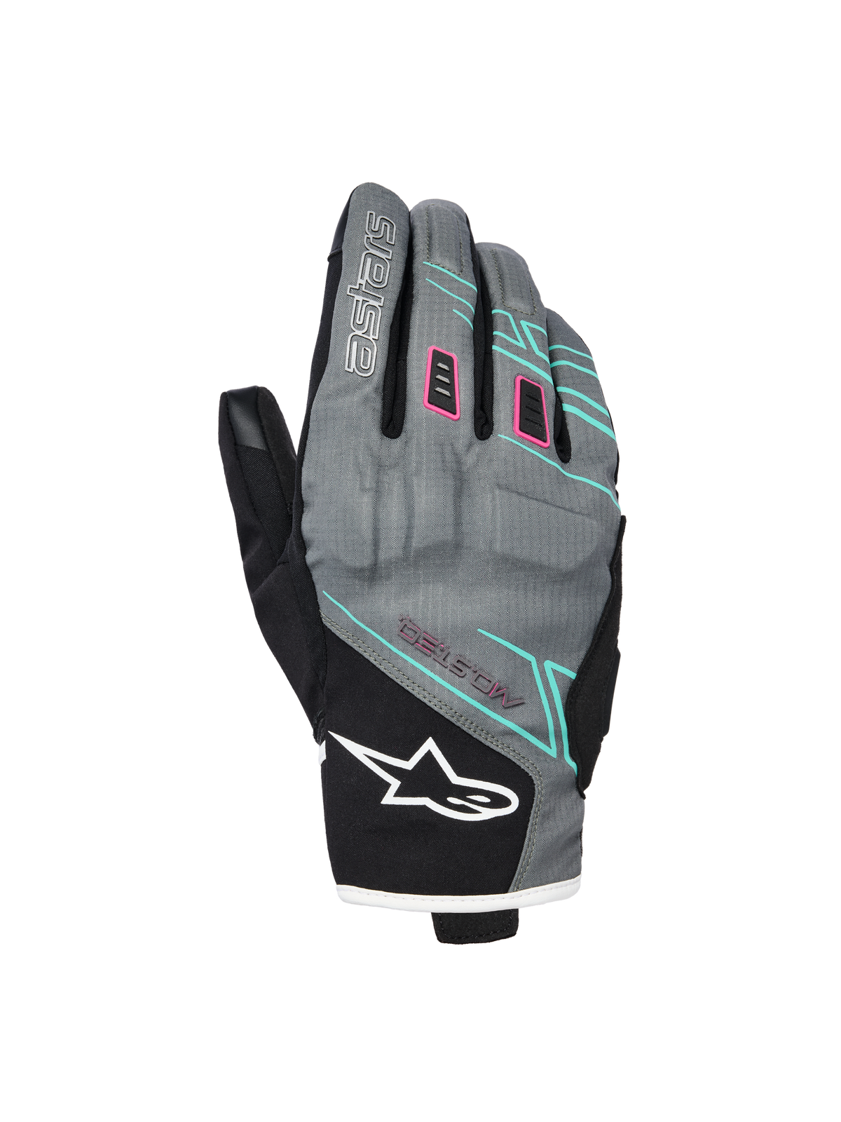 Guanti Alpinestars Stella Moblast Waterproof, guanti da moto da donna, grigio e nero con accenti rosa e turchese, design a polsino corto con branding MO.ST.EQ., costruzione in tessuto con imbottitura protettiva sulle nocche e logo Alpinestars bianco