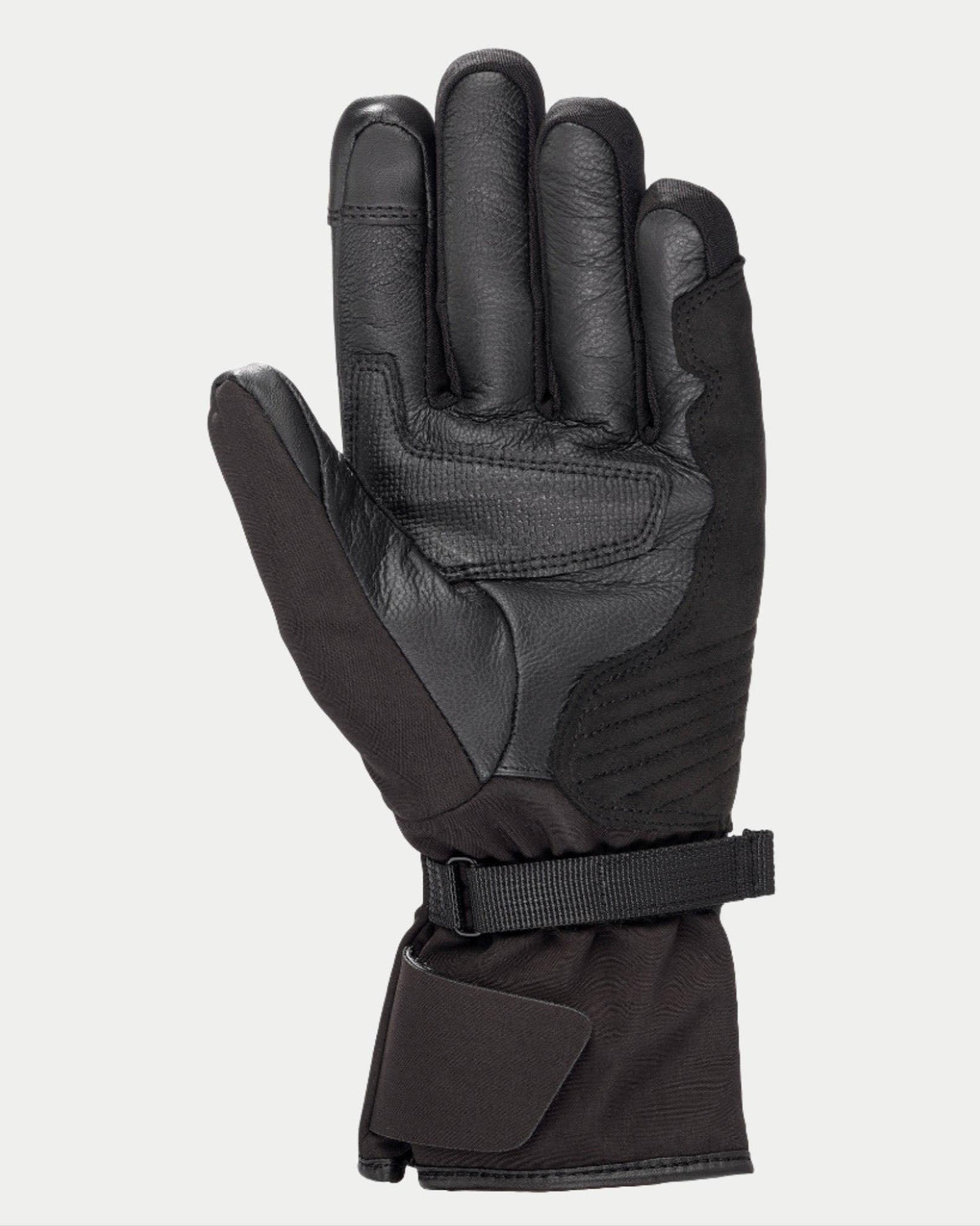 Guanti Alpinestars Stella Tourer W-7 Drystar® da donna, nero, vista del palmo che mostra la costruzione in pelle e softshell, polsino lungo da touring con cinturino regolabile, palmo e pollice rinforzati, attrezzatura da moto invernale impermeabile e termica per adventure touring