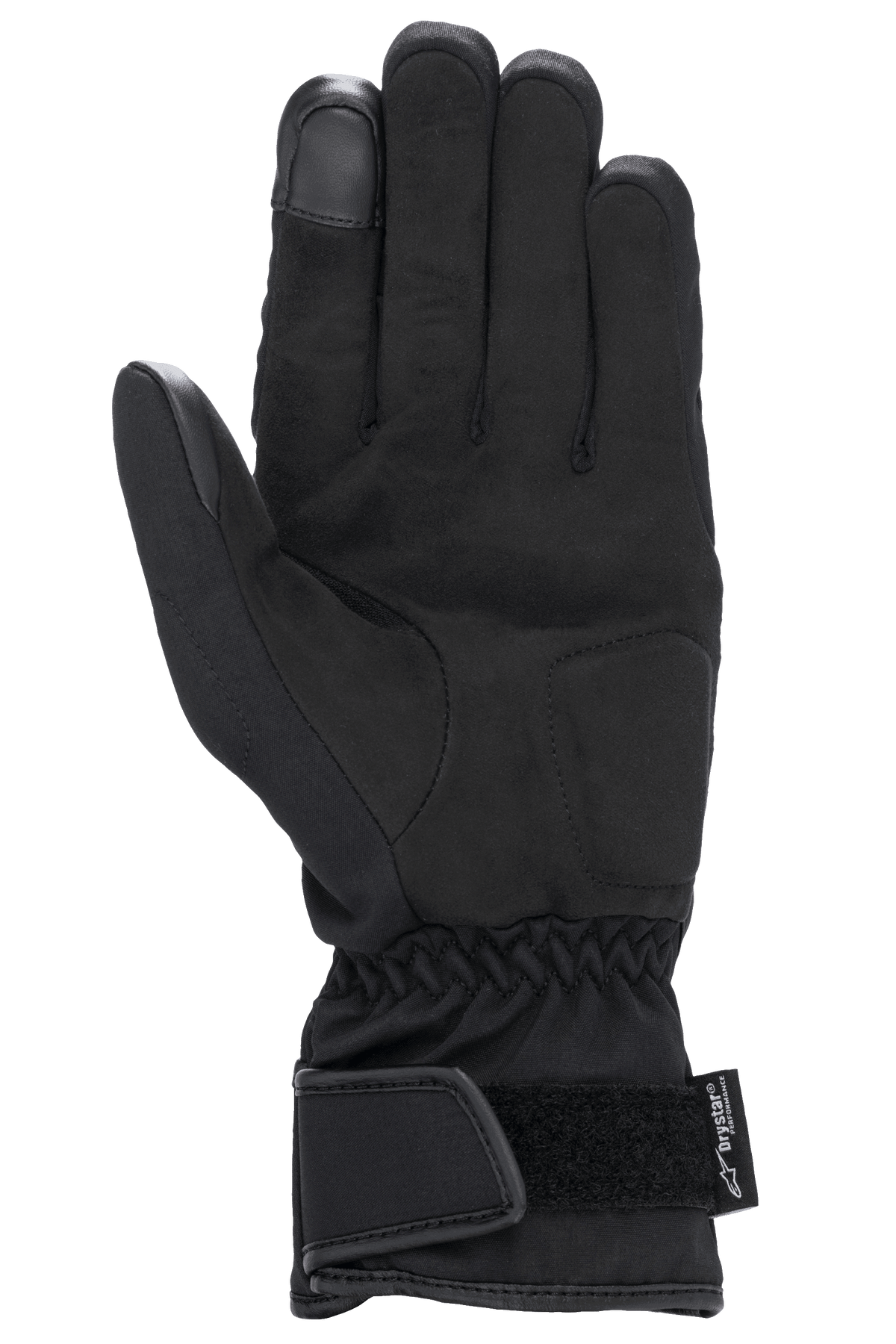Guanti Alpinestars Stella SR-3 V2 Drystar® da donna, nero, vista del palmo con rinforzi in pelle sintetica, punta dell'indice compatibile con touchscreen, polso elasticizzato e polsino a manichetta con cinturino in Velcro regolabile e marchio Drystar.